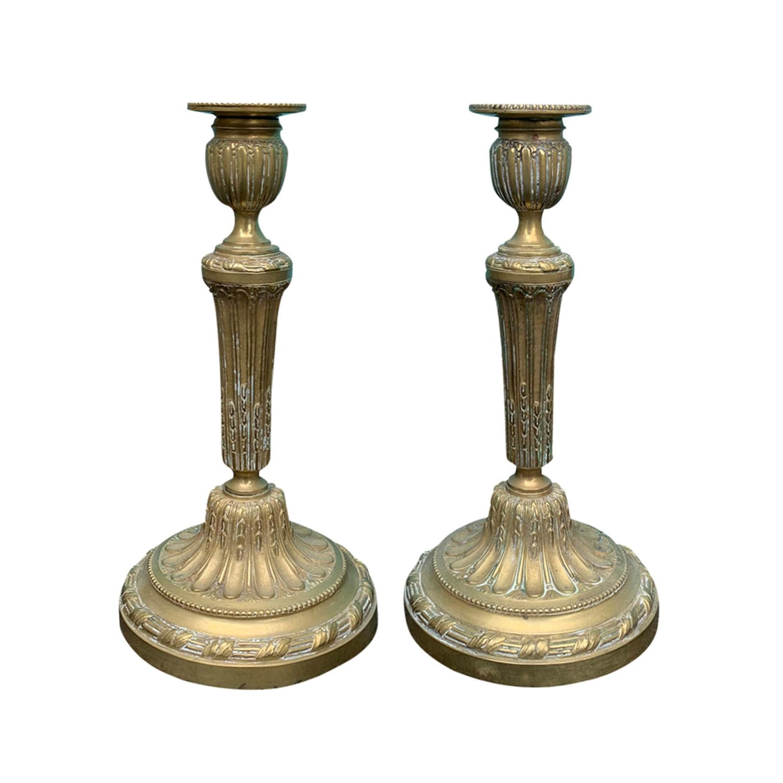 Pair of 19th Century Louis XVI Style Bronze Candlesticks, Marked Made in France