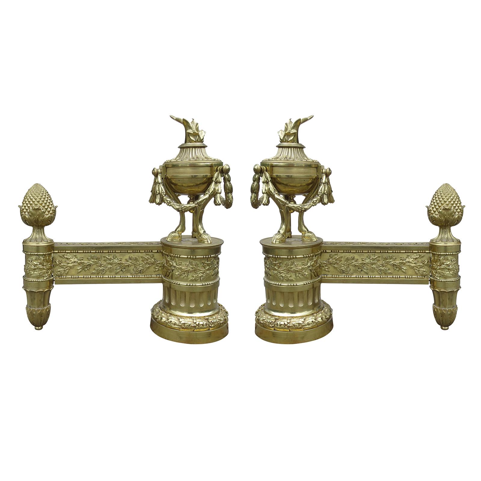 Pair of 19th Century Louis XVI Style Bronze Chenets, Stamped Bouhon For Sale