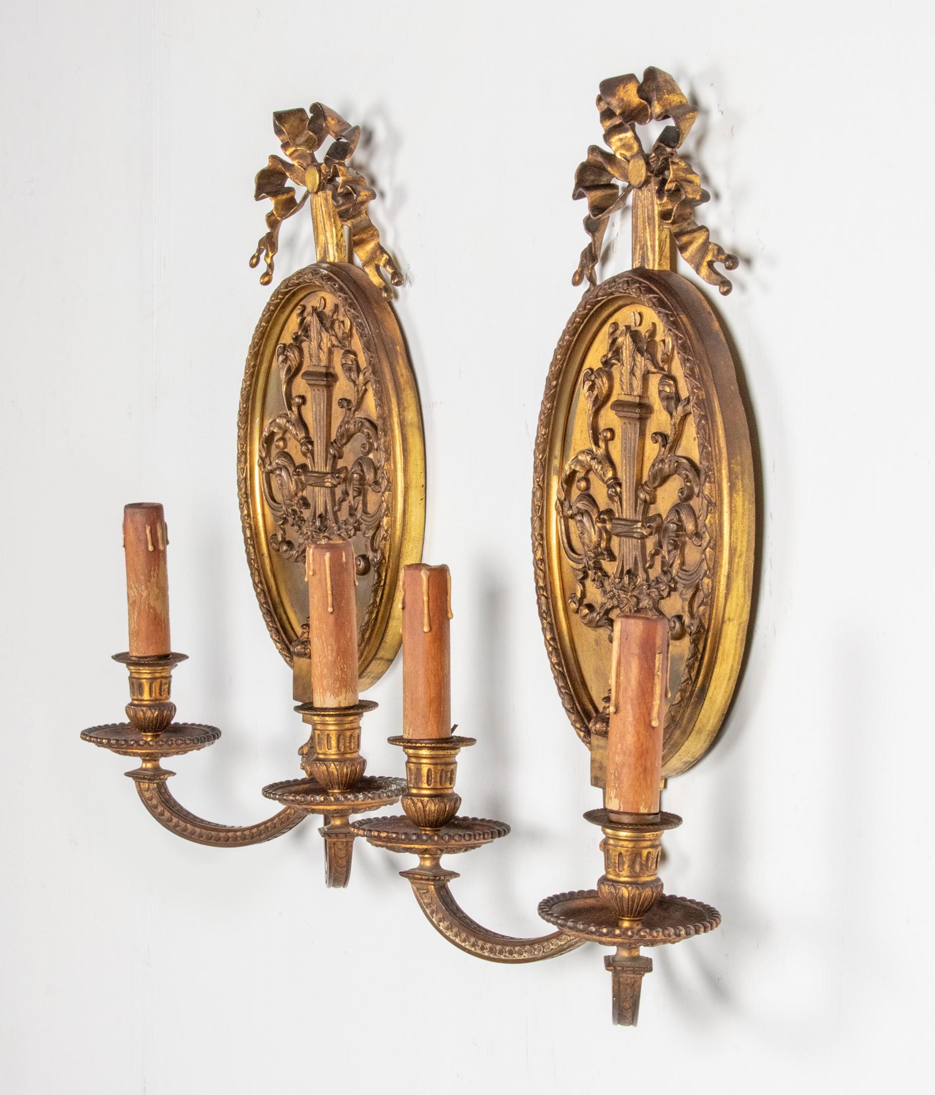 French Pair of 19th Century Louis XVI Style Bronze Wall Scones