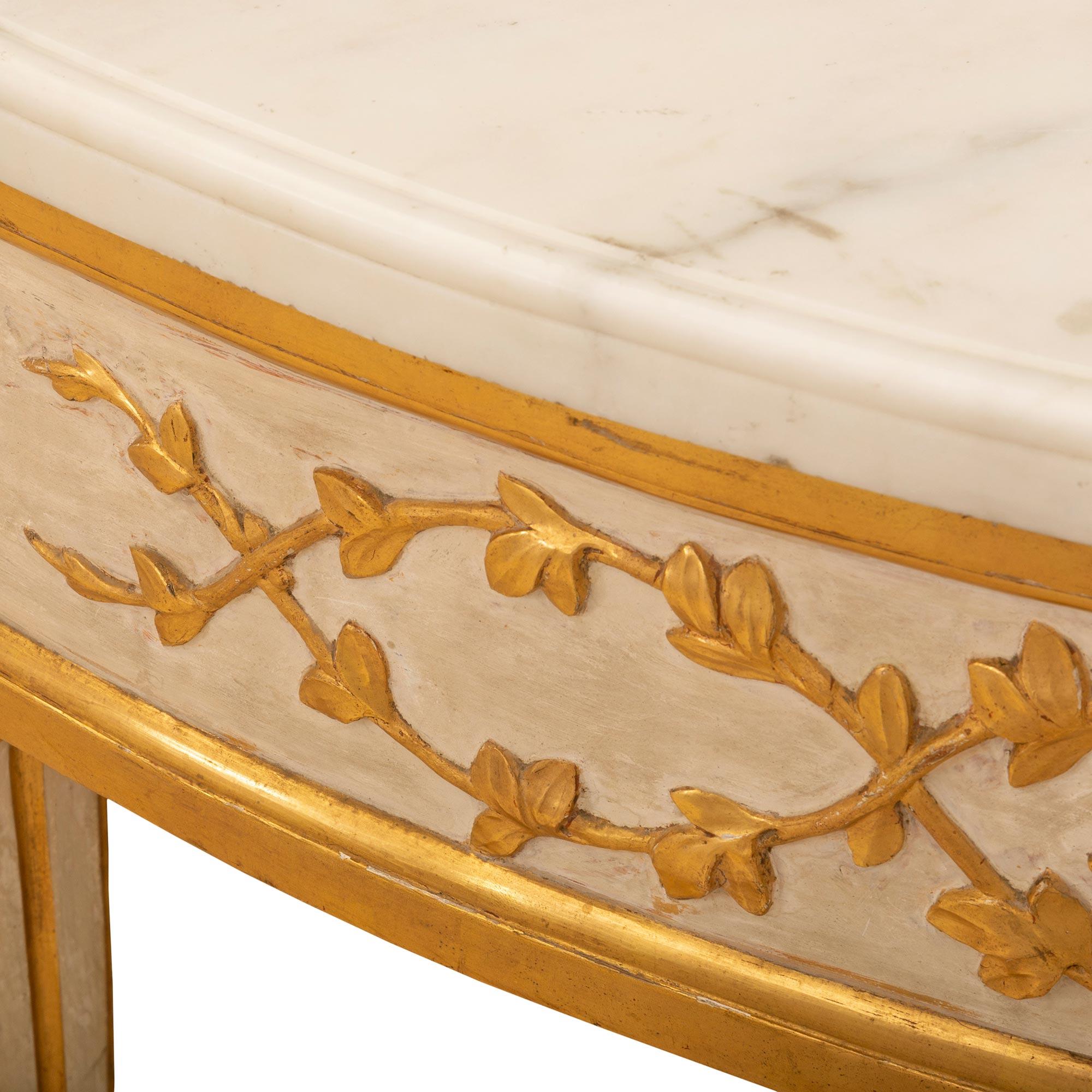 Pair of 19th Century Louis XVI Style Demilune Patinated and Gilt Consoles For Sale 2