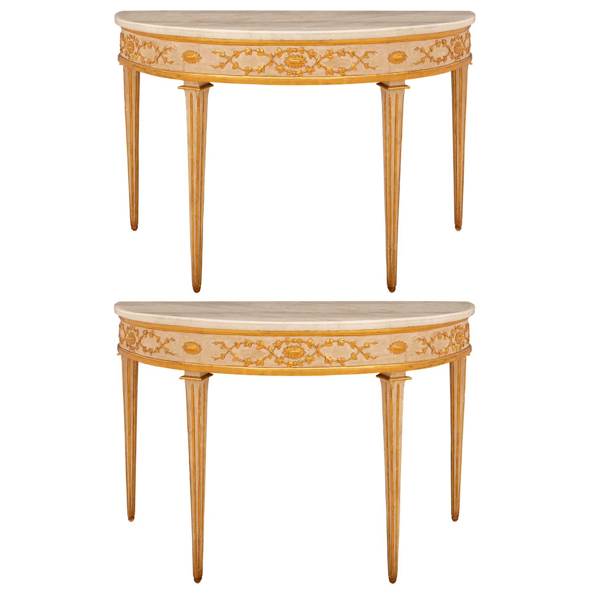 Pair of 19th Century Louis XVI Style Demilune Patinated and Gilt Consoles For Sale
