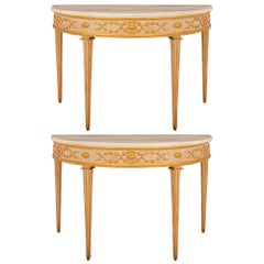 Pair of 19th Century Louis XVI Style Demilune Patinated and Gilt Consoles