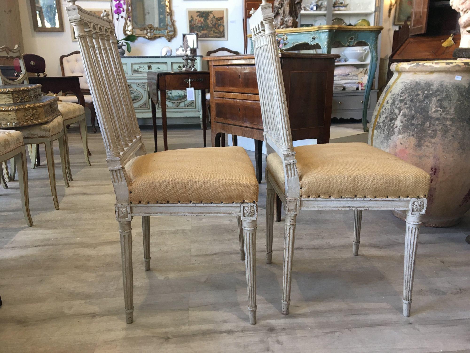 French Provincial Pair of 19th Century Louis XVI Style French White Painted Side Chairs
