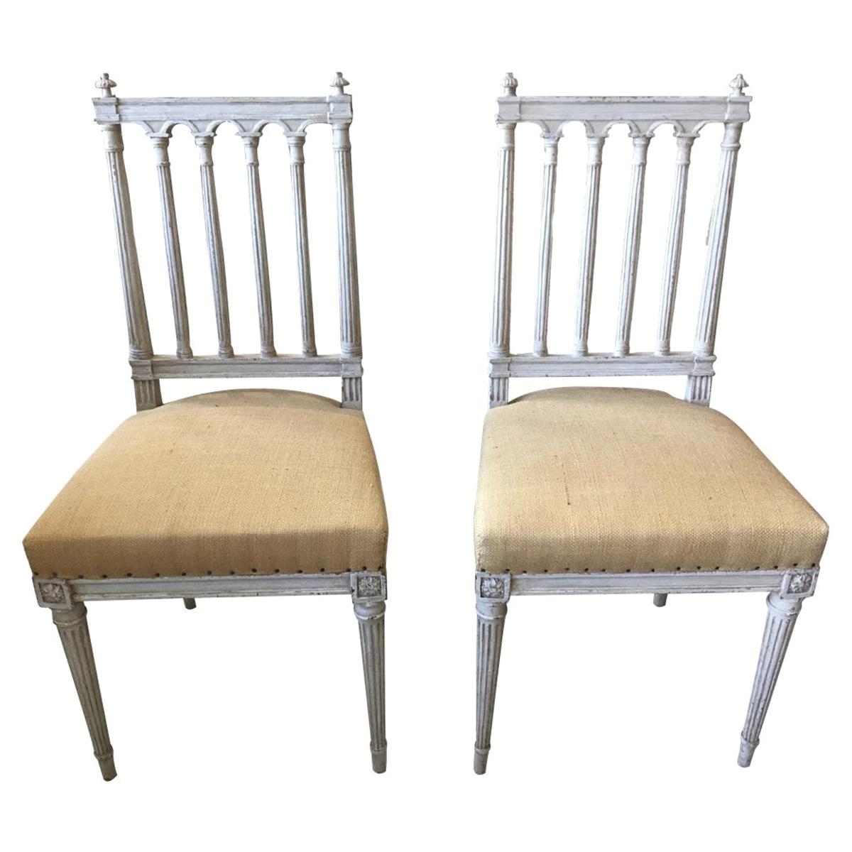 Pair of 19th Century Louis XVI Style French White Painted Side Chairs