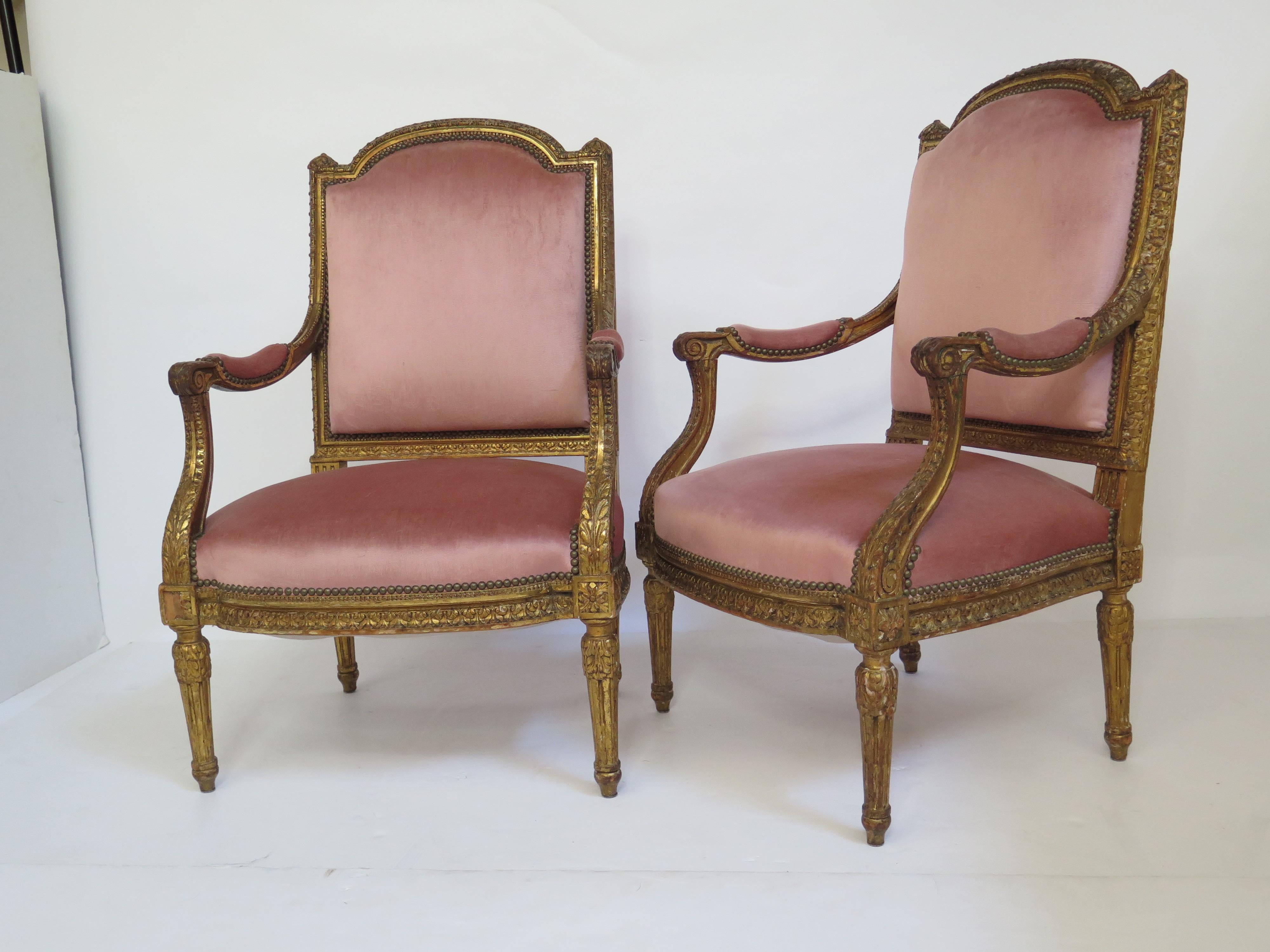 French Pair of 19th Century Louis XVI Style Giltwood Fauteuils