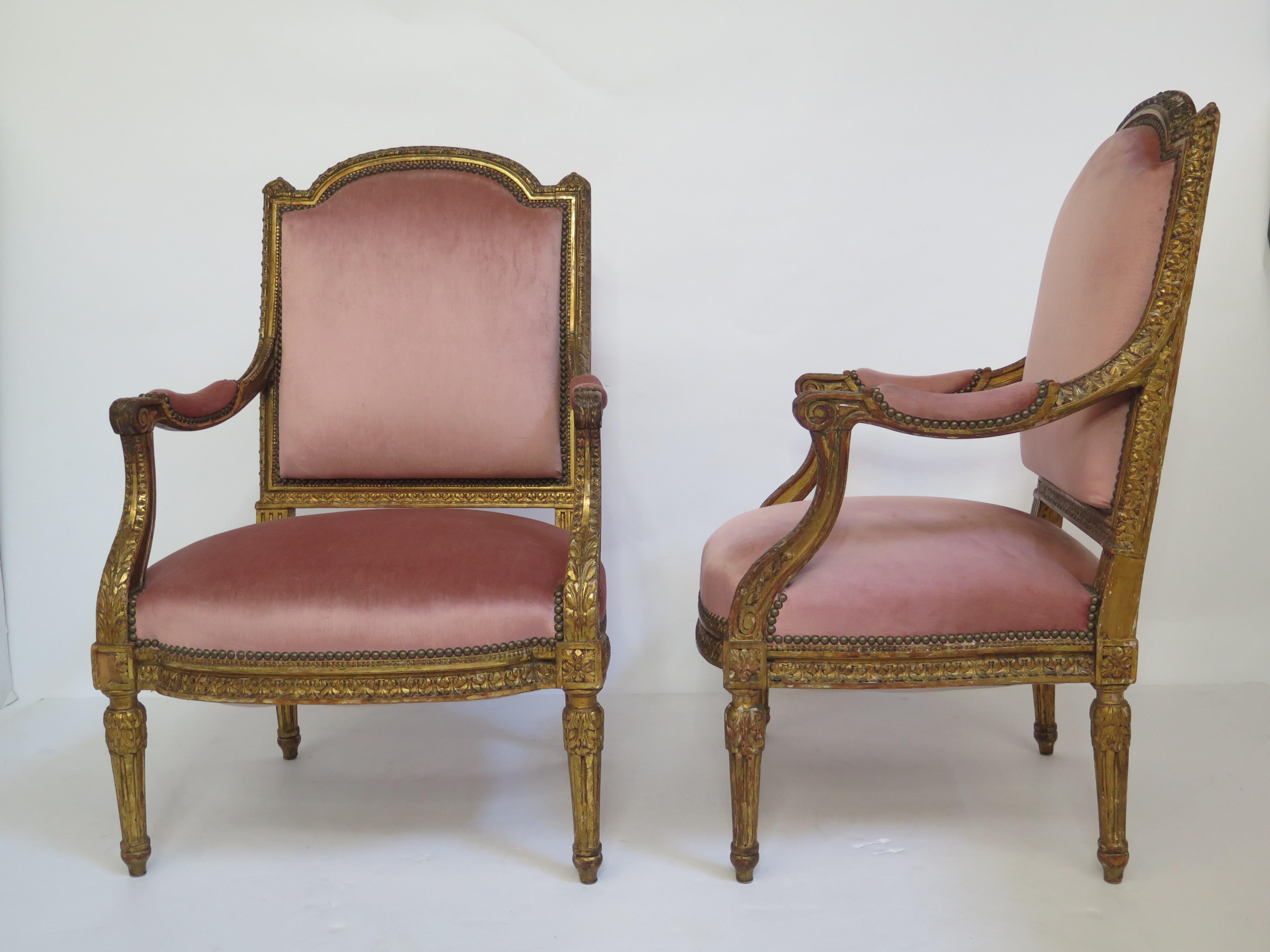 Hand-Carved Pair of 19th Century Louis XVI Style Giltwood Fauteuils