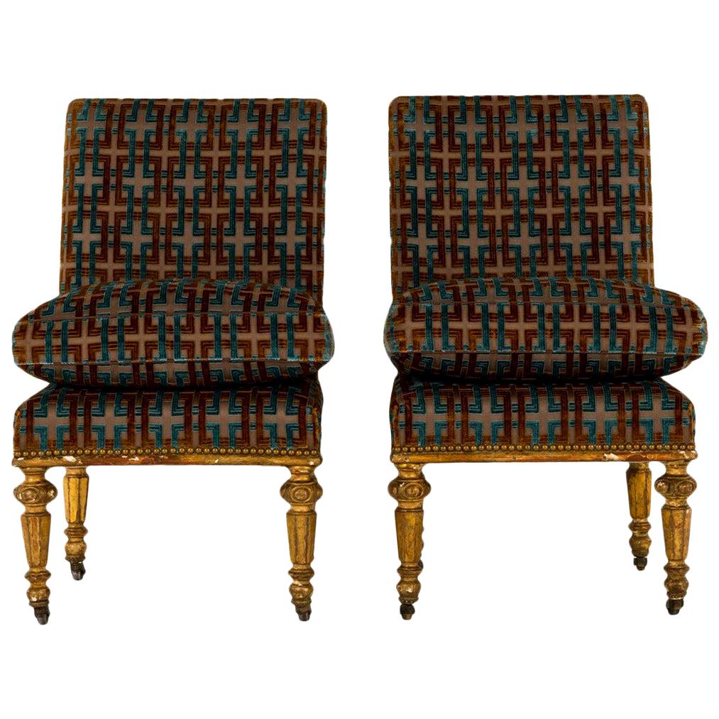 Pair of 19th Century Louis XVI Style Giltwood Slipper Chairs on Casters
