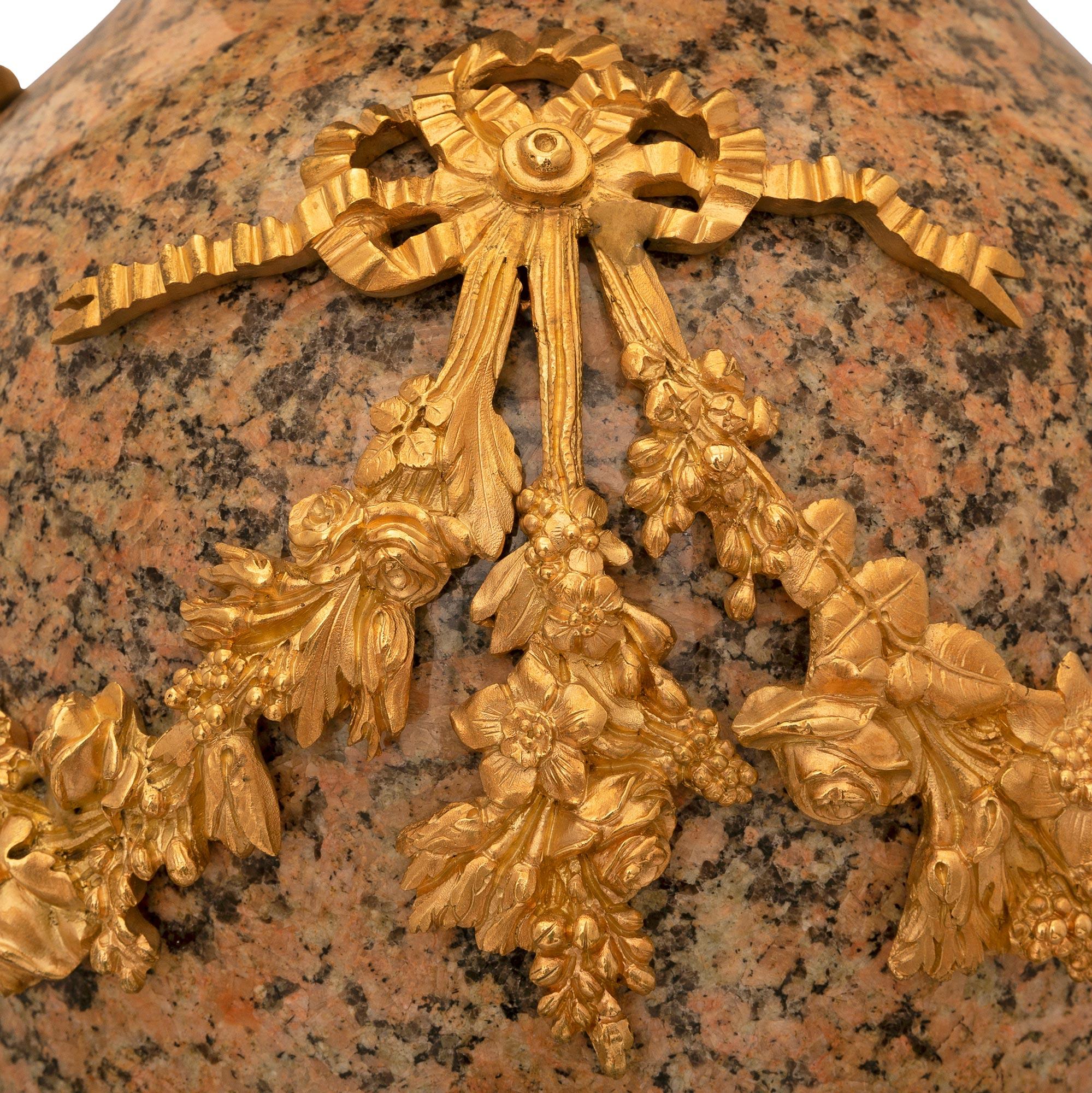 Pair of 19th Century Louis XVI Style Granite and Ormolu-Mounted Lidded Urns For Sale 2
