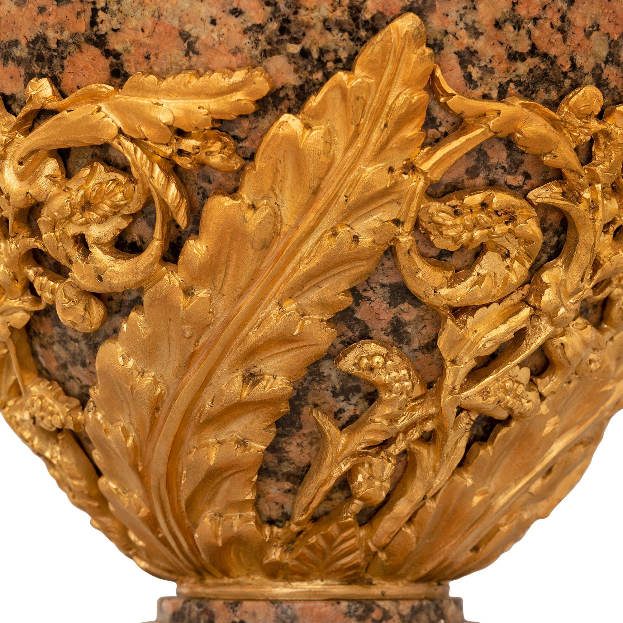 Pair of 19th Century Louis XVI Style Granite and Ormolu-Mounted Lidded Urns For Sale 3