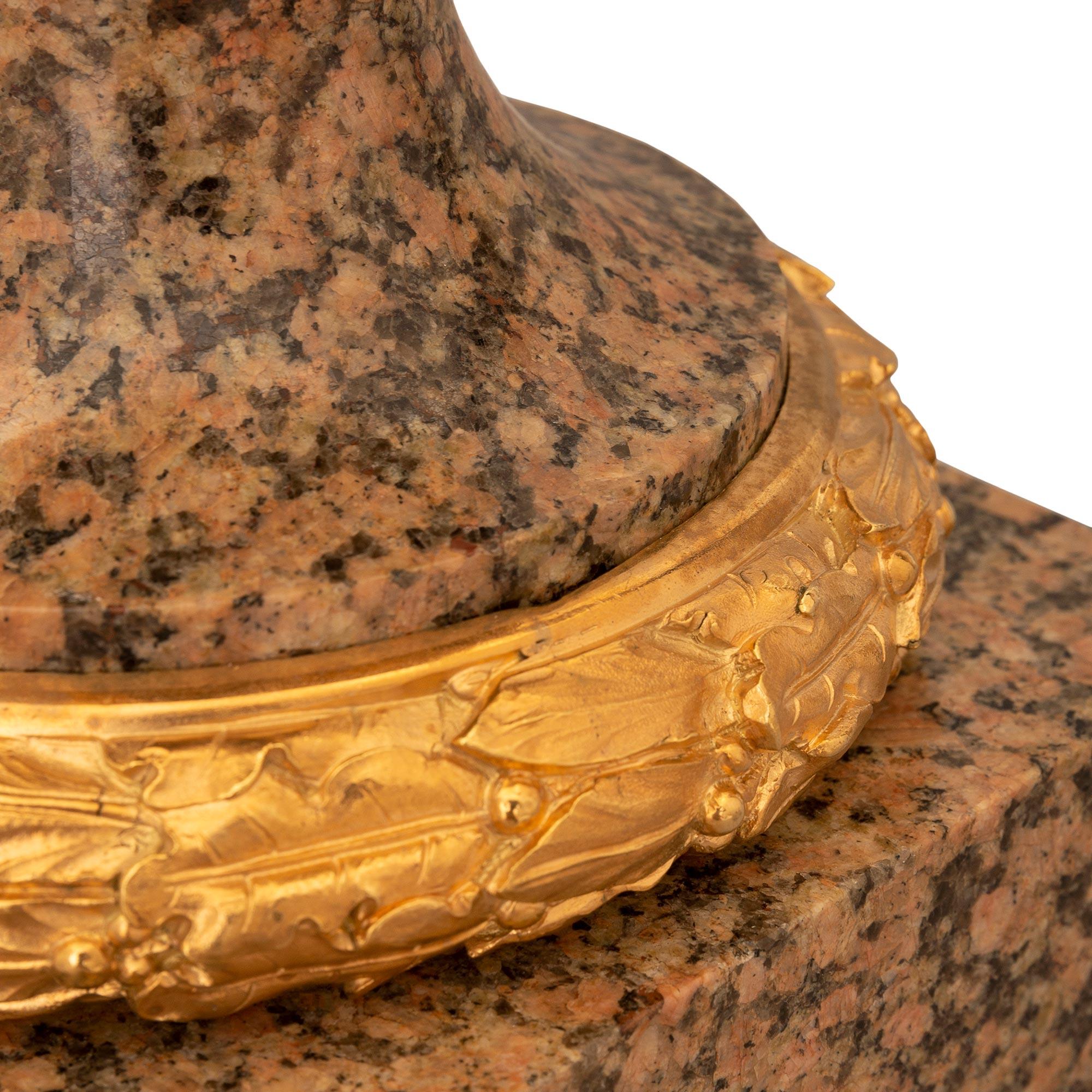 Pair of 19th Century Louis XVI Style Granite and Ormolu-Mounted Lidded Urns For Sale 4