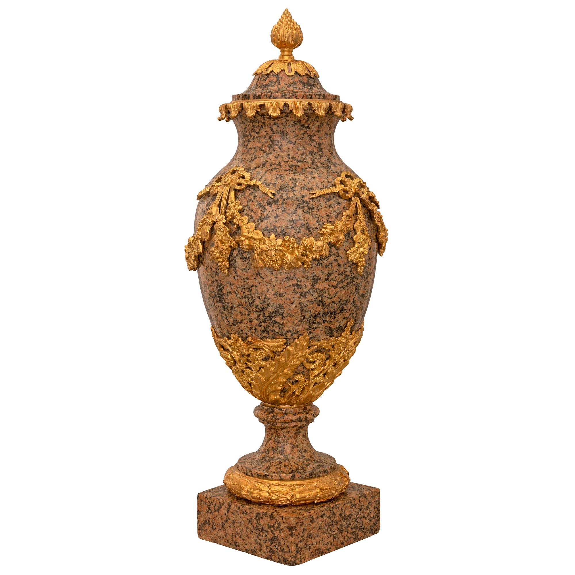 French Pair of 19th Century Louis XVI Style Granite and Ormolu-Mounted Lidded Urns For Sale