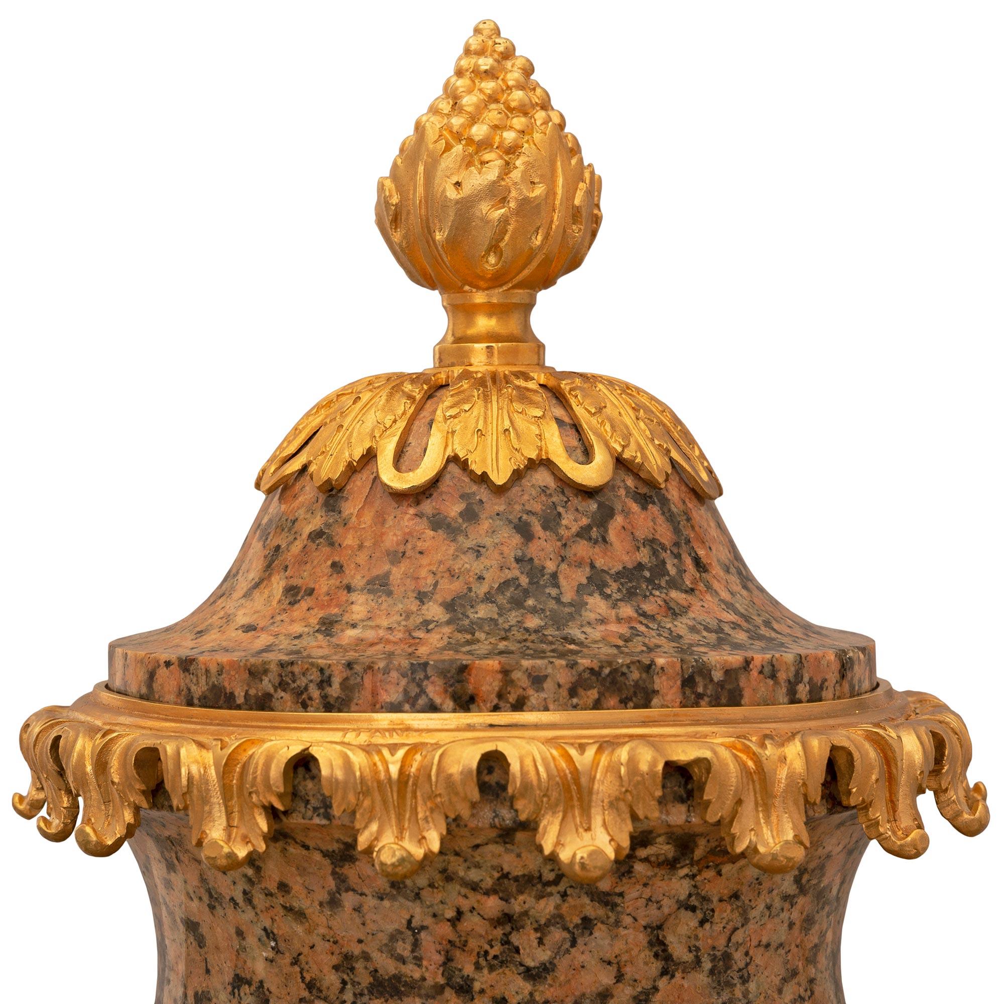 Pair of 19th Century Louis XVI Style Granite and Ormolu-Mounted Lidded Urns In Good Condition For Sale In West Palm Beach, FL