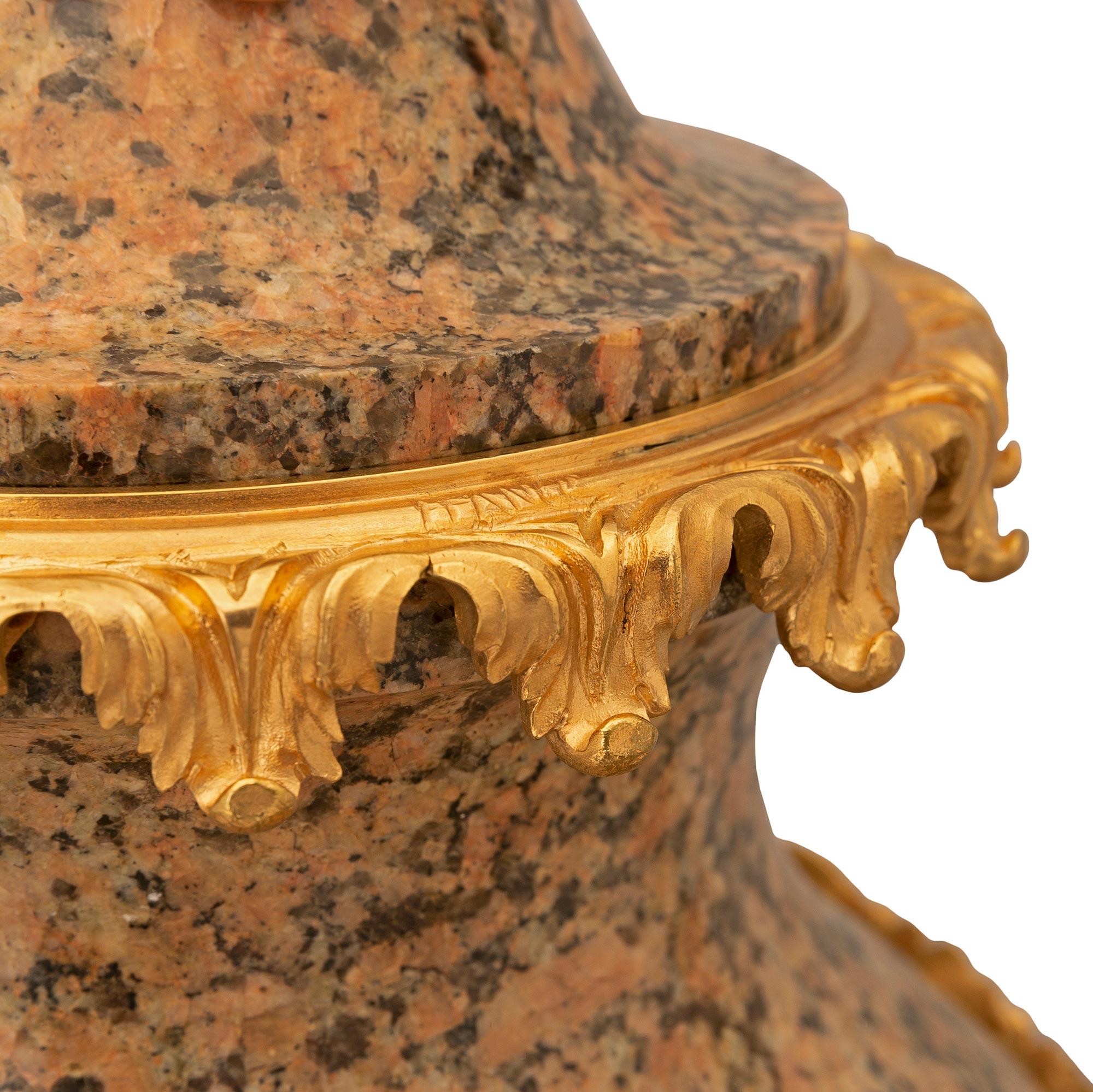 Pair of 19th Century Louis XVI Style Granite and Ormolu-Mounted Lidded Urns For Sale 1