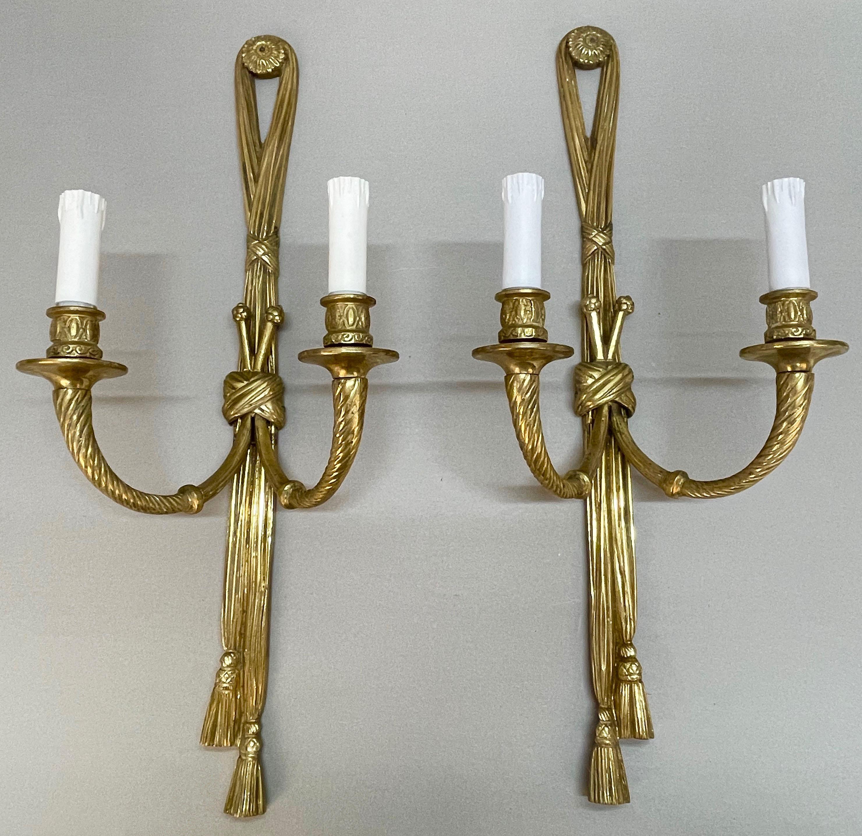 Pair of 19th Century Louis XVI Style Knot & Tassel Appliqué Wall Candle Sconces For Sale 3