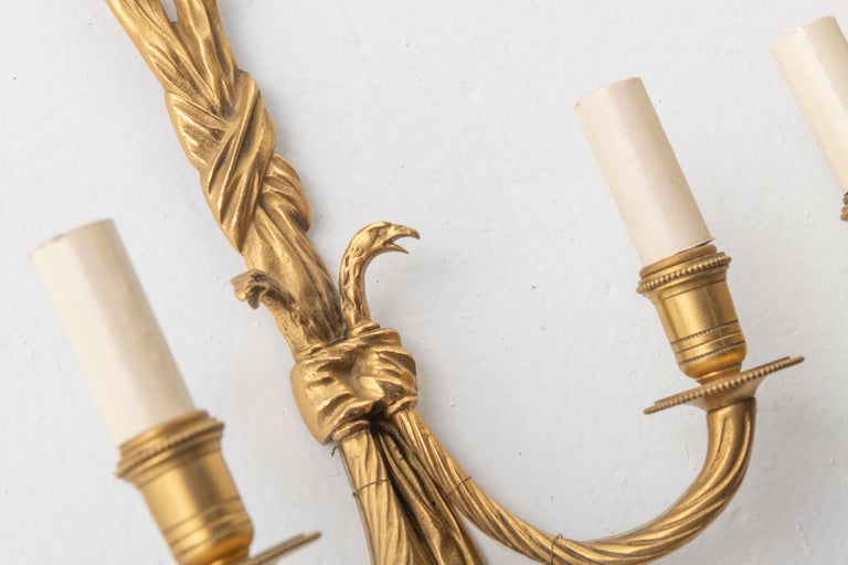 French Pair of 19th Century Louis XVI Style Knot & Tassel Appliqué Wall Candle Sconces