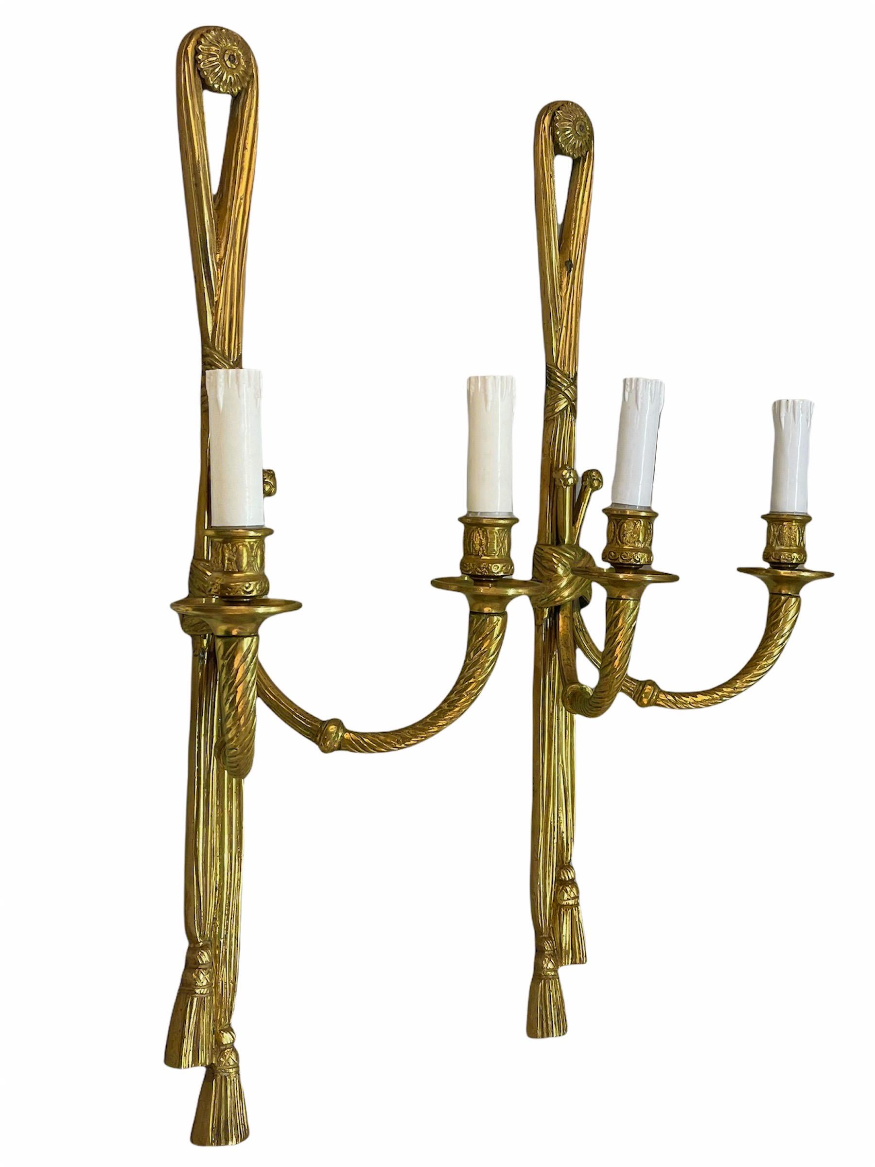 French Pair of 19th Century Louis XVI Style Knot & Tassel Appliqué Wall Candle Sconces For Sale