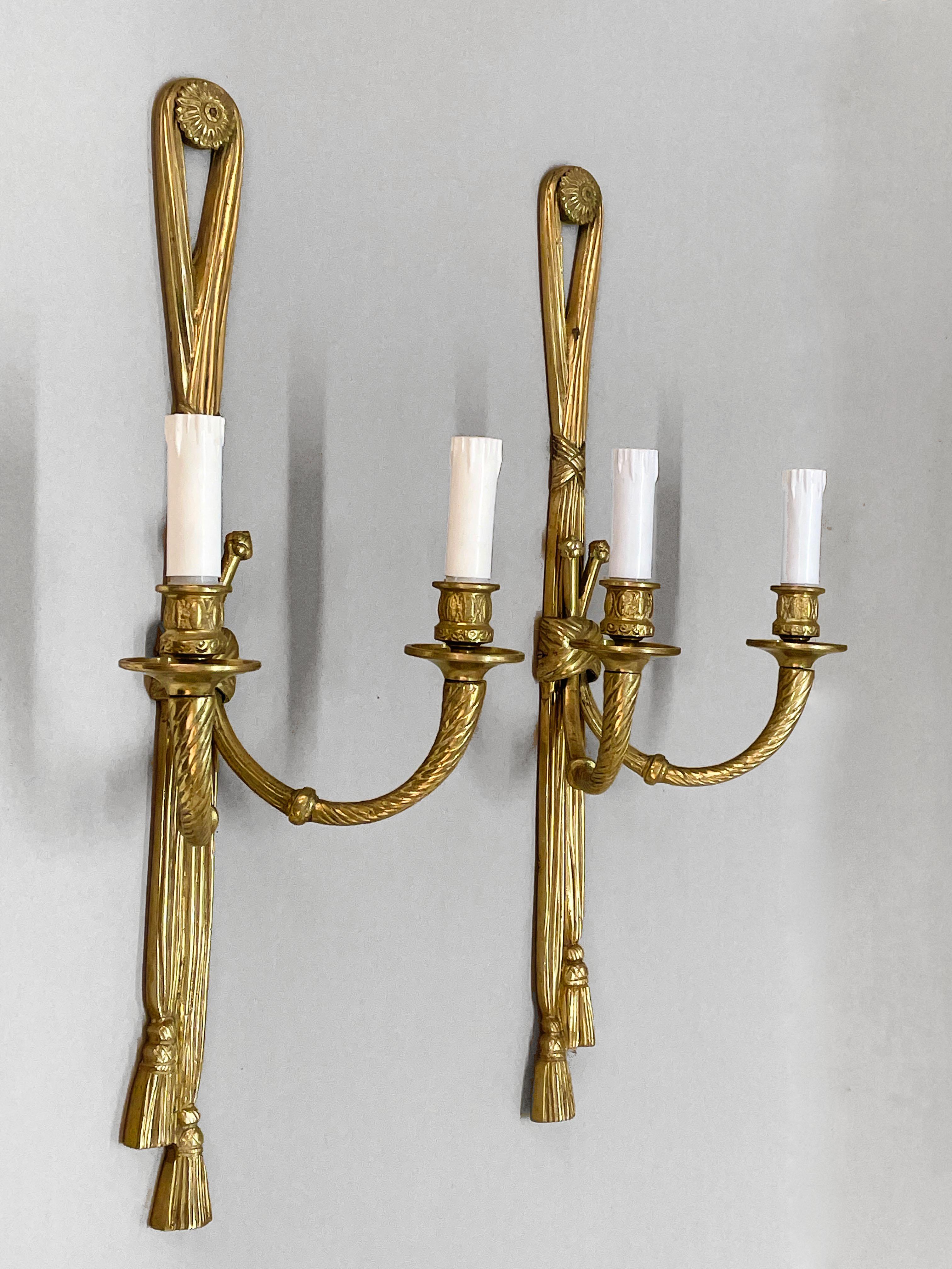 Brass Pair of 19th Century Louis XVI Style Knot & Tassel Appliqué Wall Candle Sconces For Sale