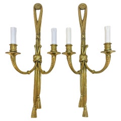 Antique Pair of 19th Century Louis XVI Style Knot & Tassel Appliqué Wall Candle Sconces