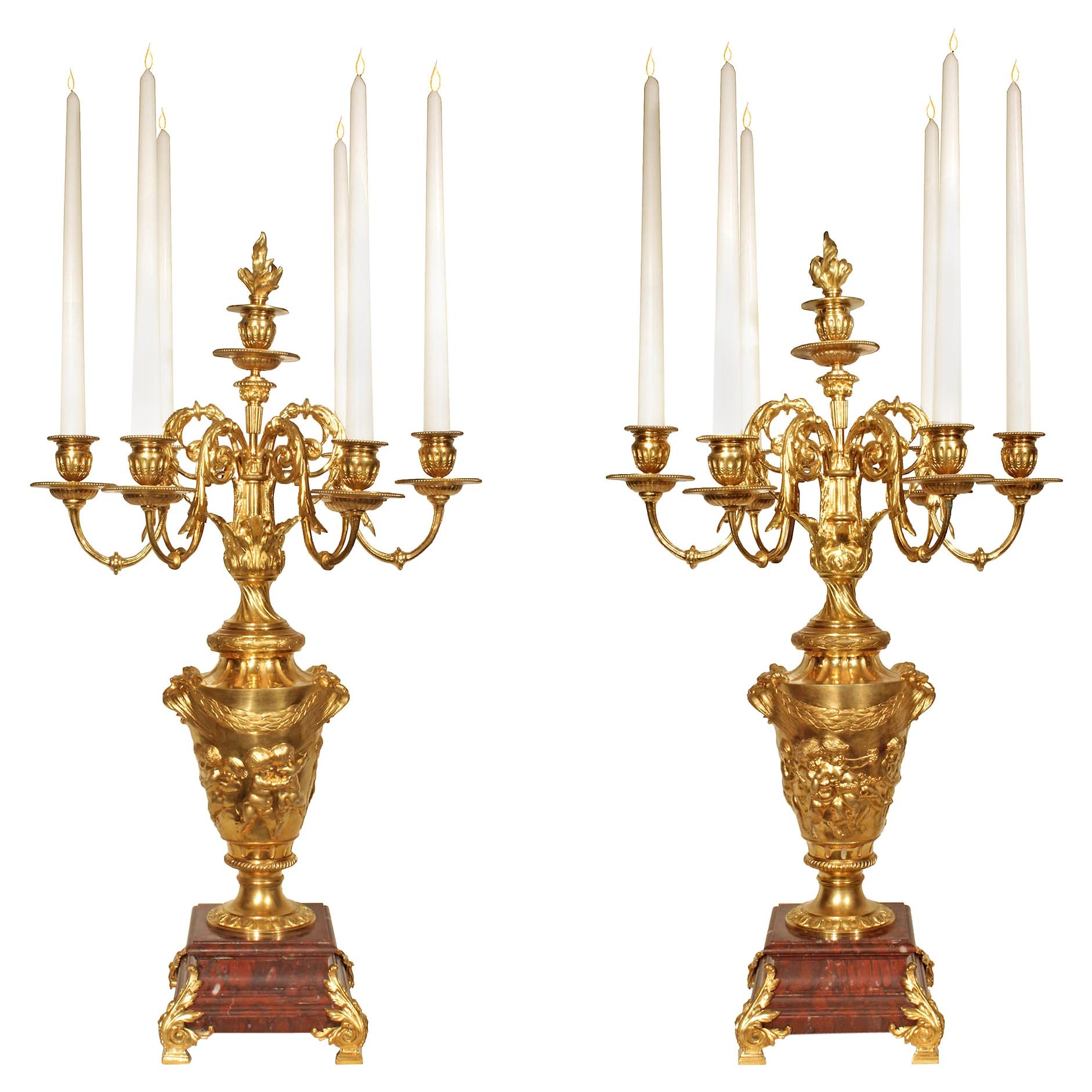 Pair of 19th Century Louis XVI Style Ormolu and Marble Candelabras