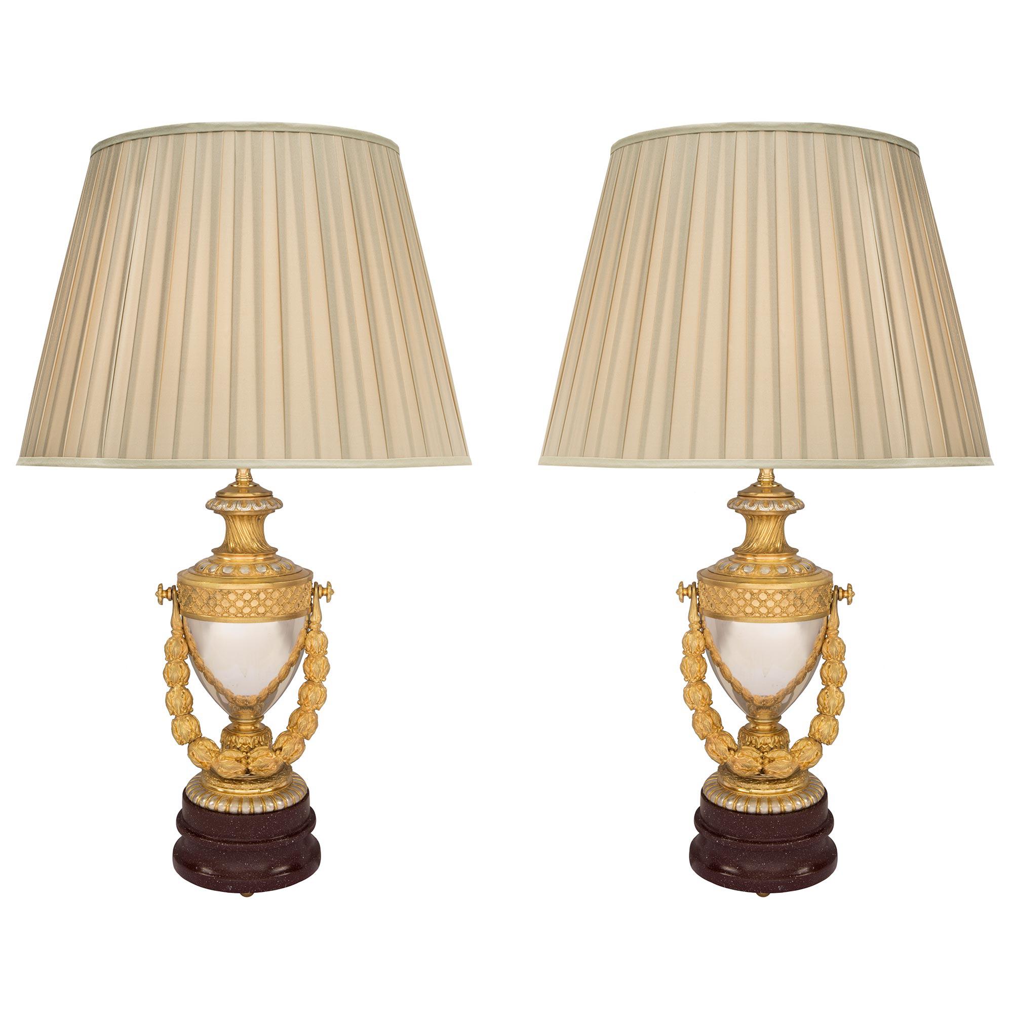 Pair of 19th Century Louis XVI Style Ormolu, Bronze and Faux Marble Lamps For Sale