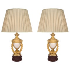 Antique Pair of 19th Century Louis XVI Style Ormolu, Bronze and Faux Marble Lamps