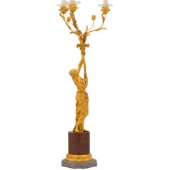 Pair of 19th Century Louis XVI Style Ormolu, Marble and Porphyry Candelabras