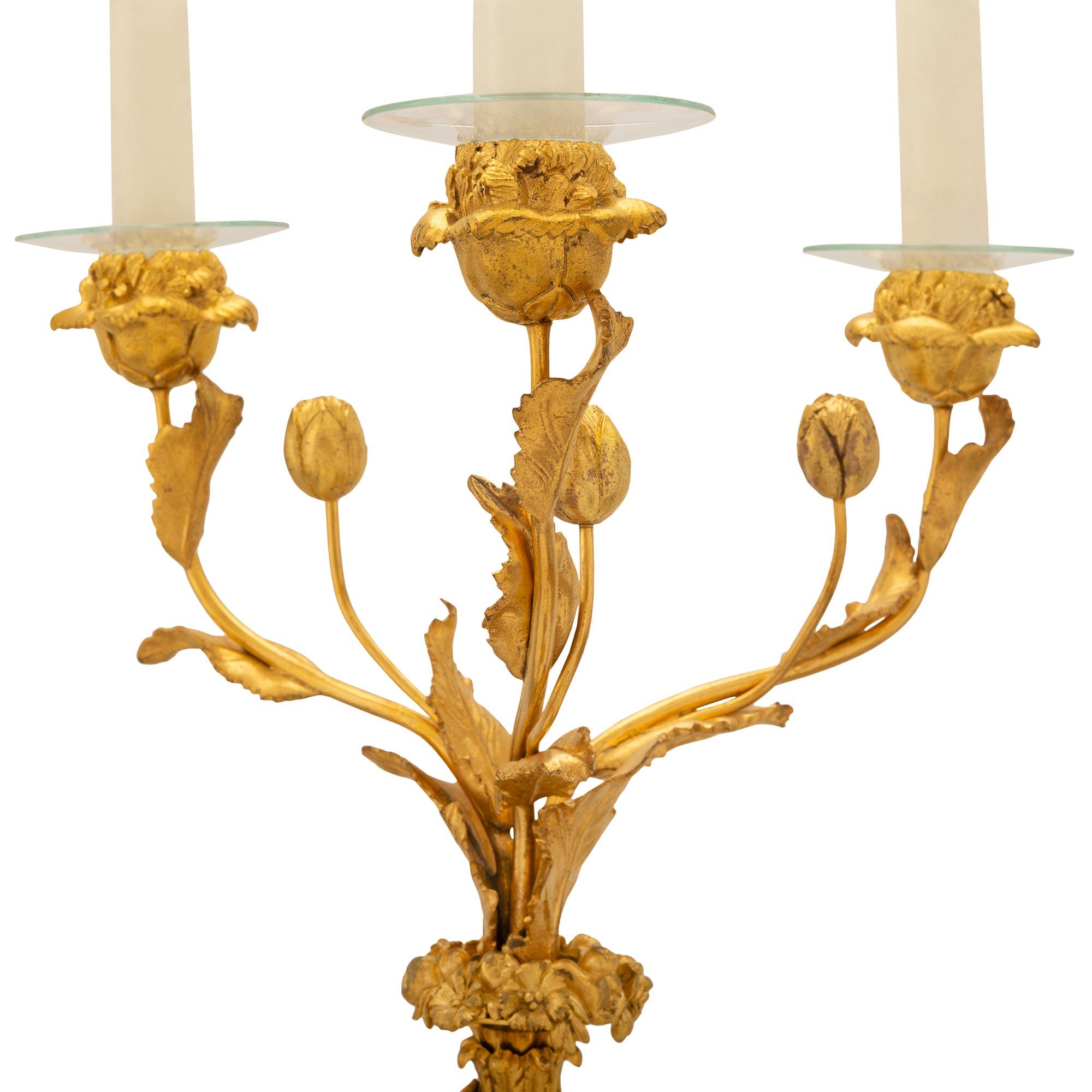 Pair of 19th Century Louis XVI Style Ormolu, Marble and Porphyry Candelabras In Good Condition For Sale In West Palm Beach, FL