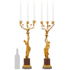 Antique Pair of 19th Century Louis XVI Style Ormolu, Marble and Porphyry Candelabras