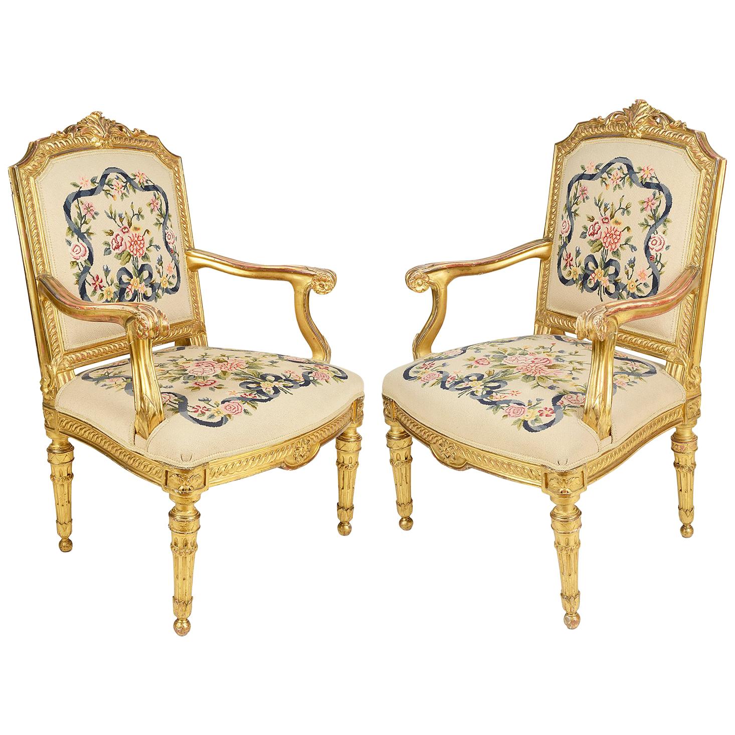 Pair of 19th Century Louis XVI Style Salon Chairs For Sale