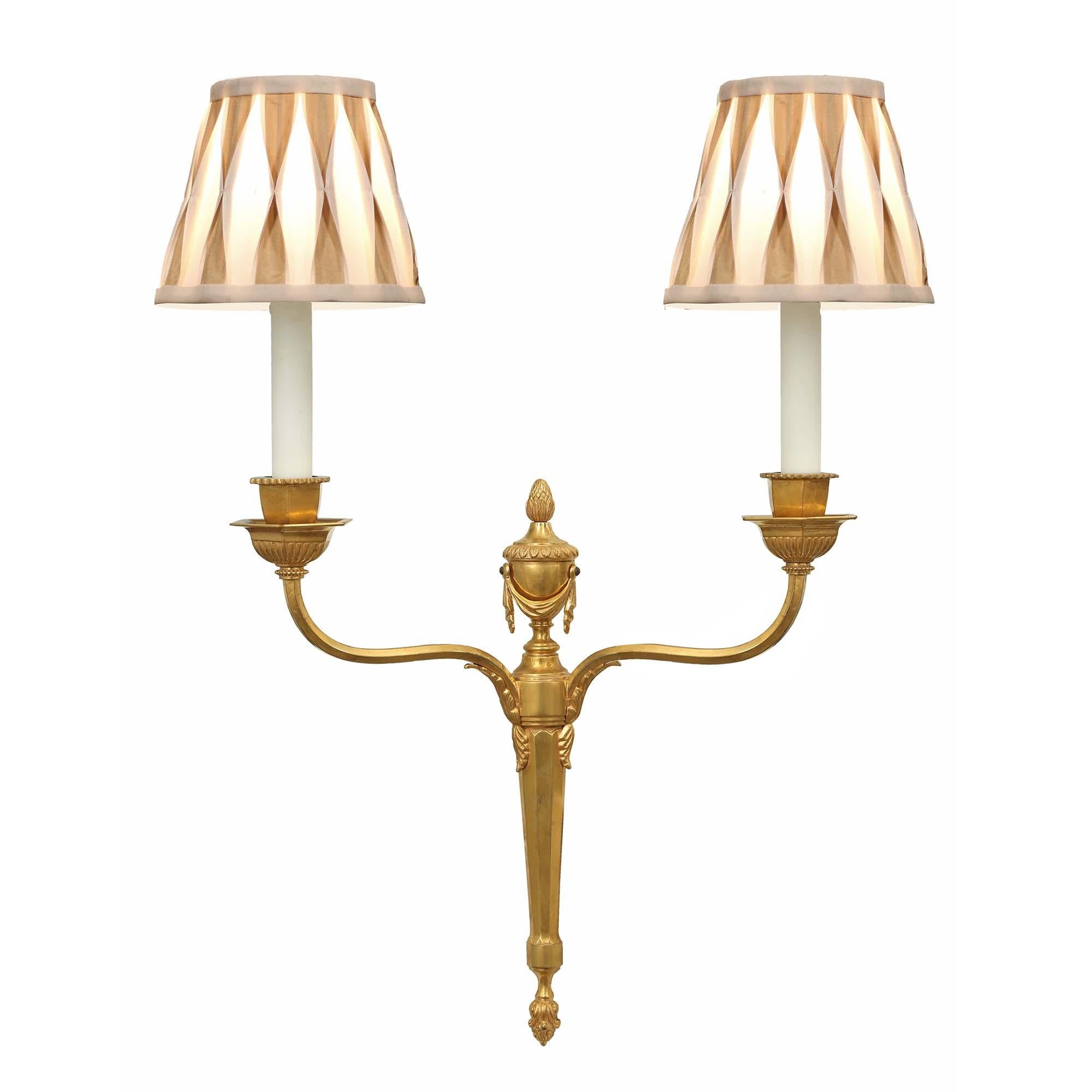 French  Pair of 19th Century Louis XVI Style Two-Arm Ormolu Sconces For Sale