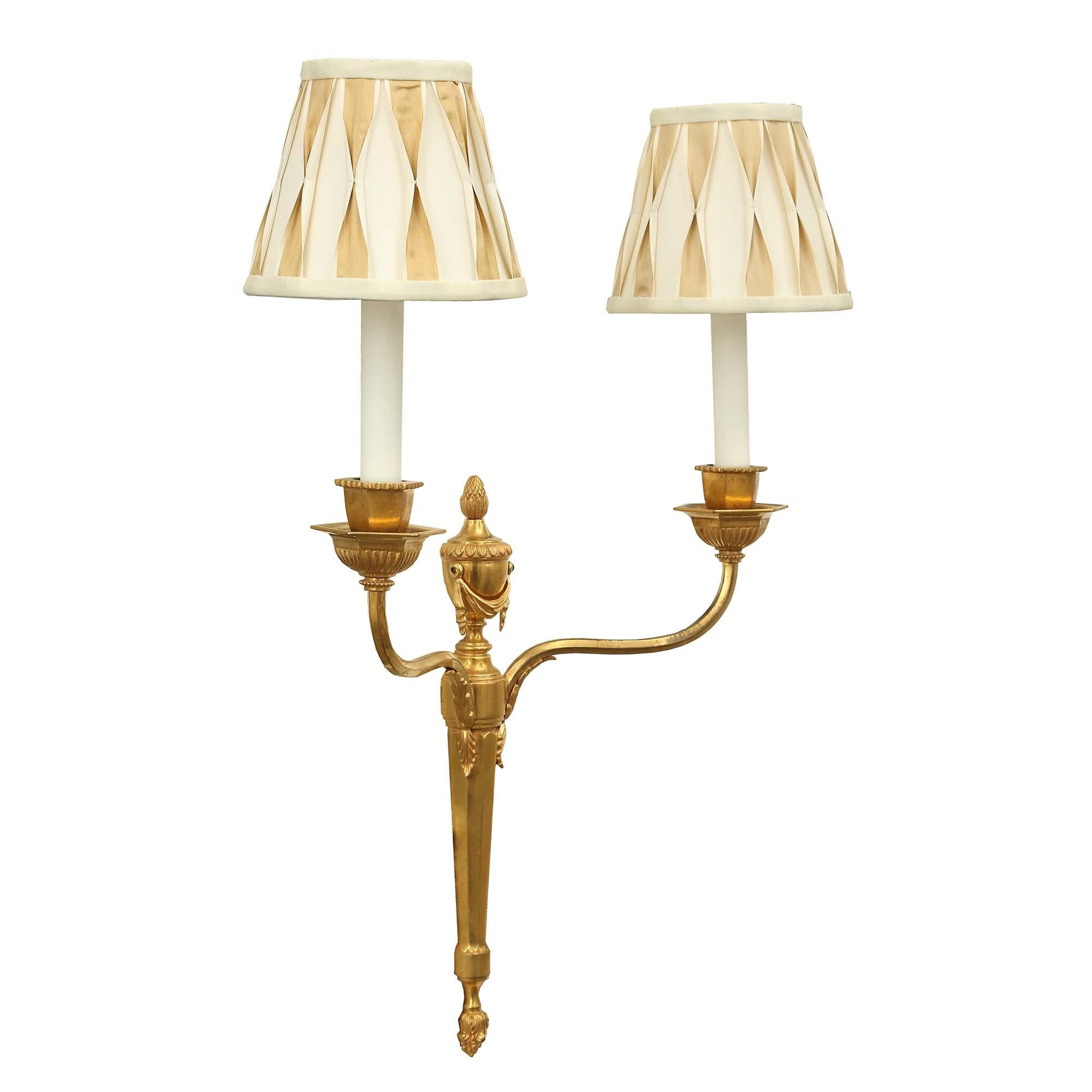  Pair of 19th Century Louis XVI Style Two-Arm Ormolu Sconces In Good Condition For Sale In West Palm Beach, FL