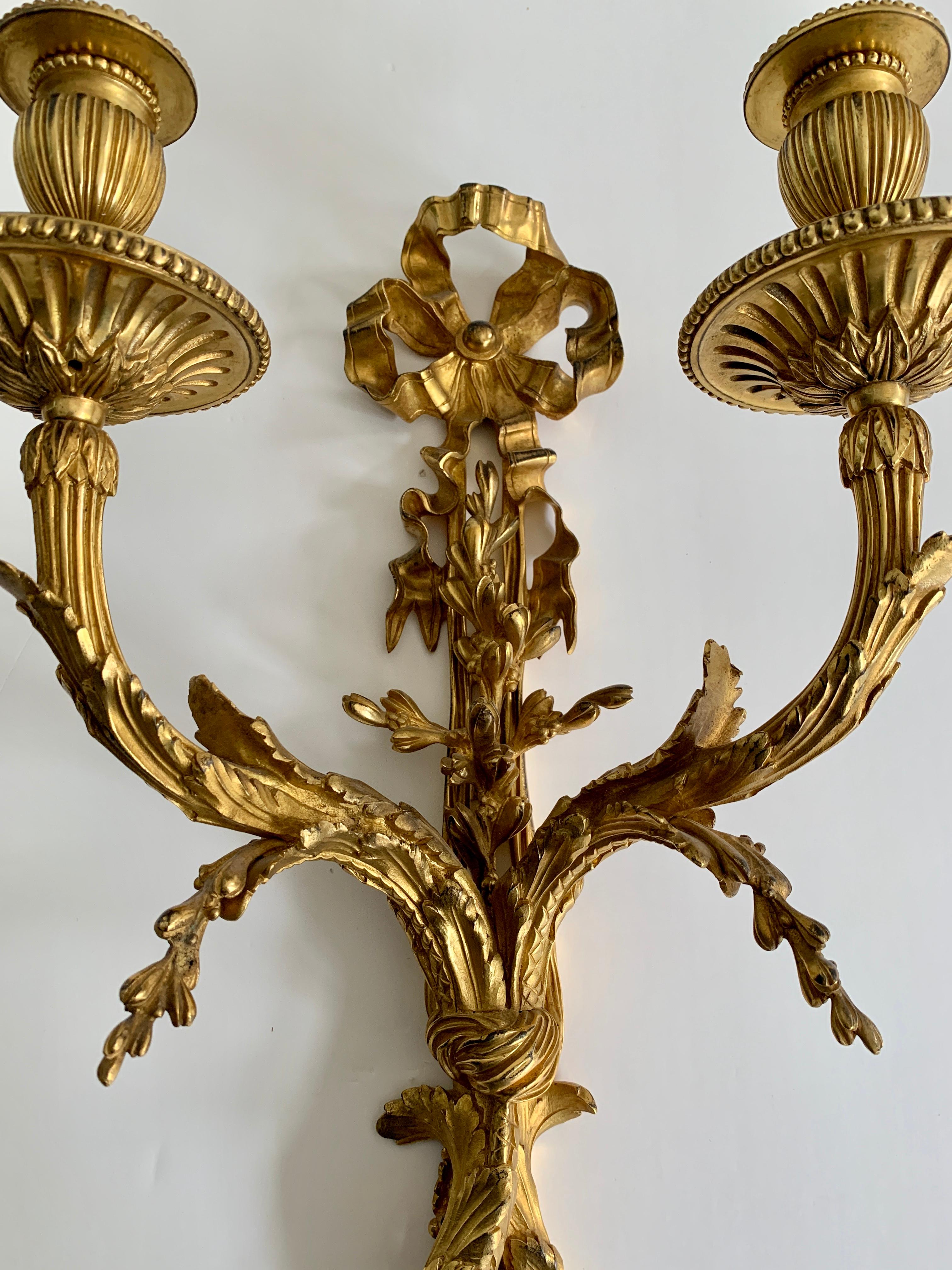 Pair of 19th Century Louis XVI Style Two-Arms Ormolu Wall-Light Scones For Sale 6