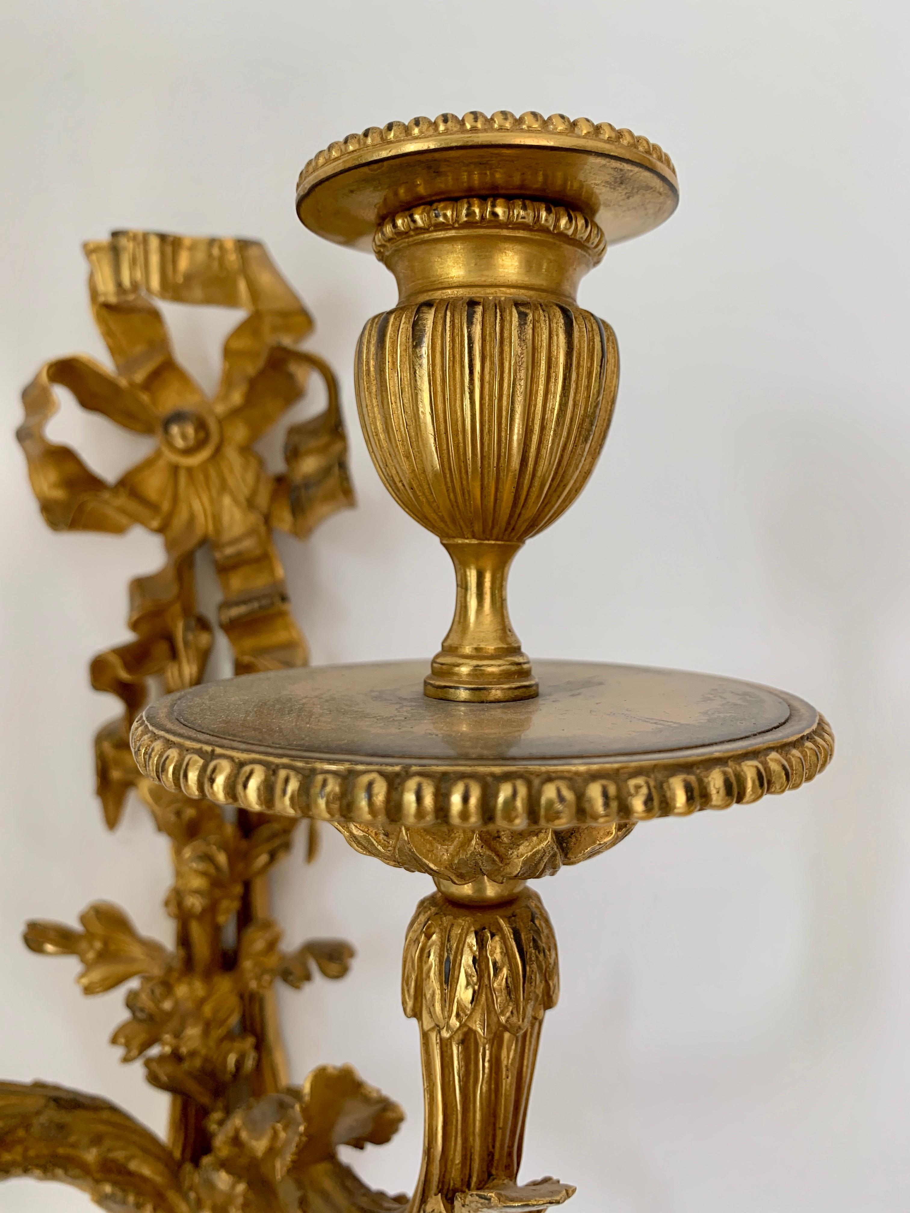 Pair of 19th Century Louis XVI Style Two-Arms Ormolu Wall-Light Scones In Good Condition For Sale In Worpswede / Bremen, DE