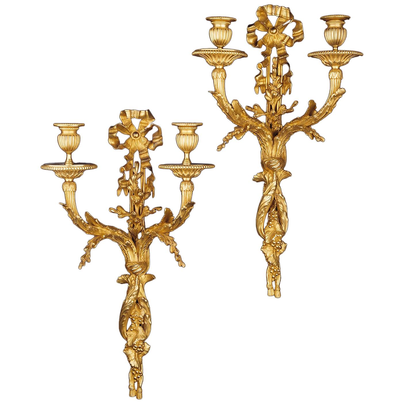Pair of 19th Century Louis XVI Style Two-Arms Ormolu Wall-Light Scones For Sale