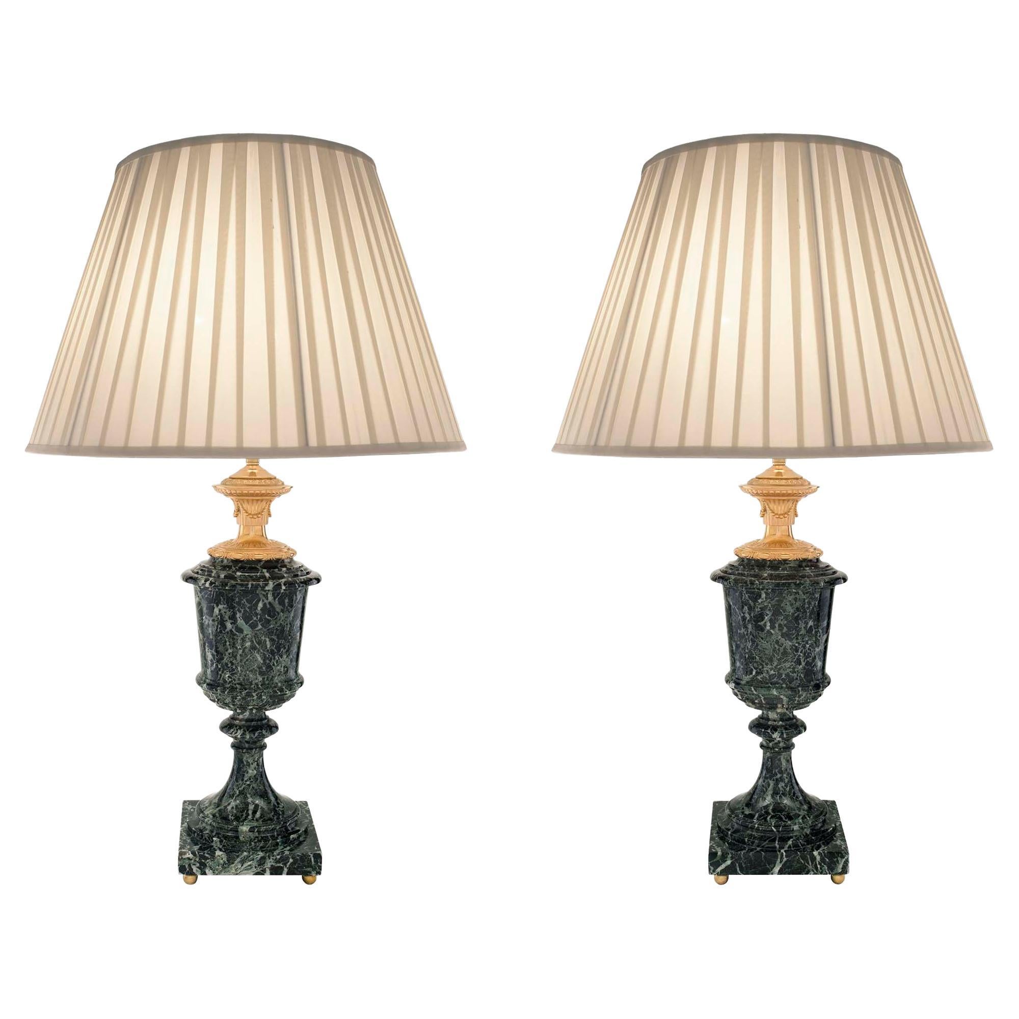 Pair of 19th Century Louis XVI Style Vert Patricia Marble and Ormolu Lamps For Sale