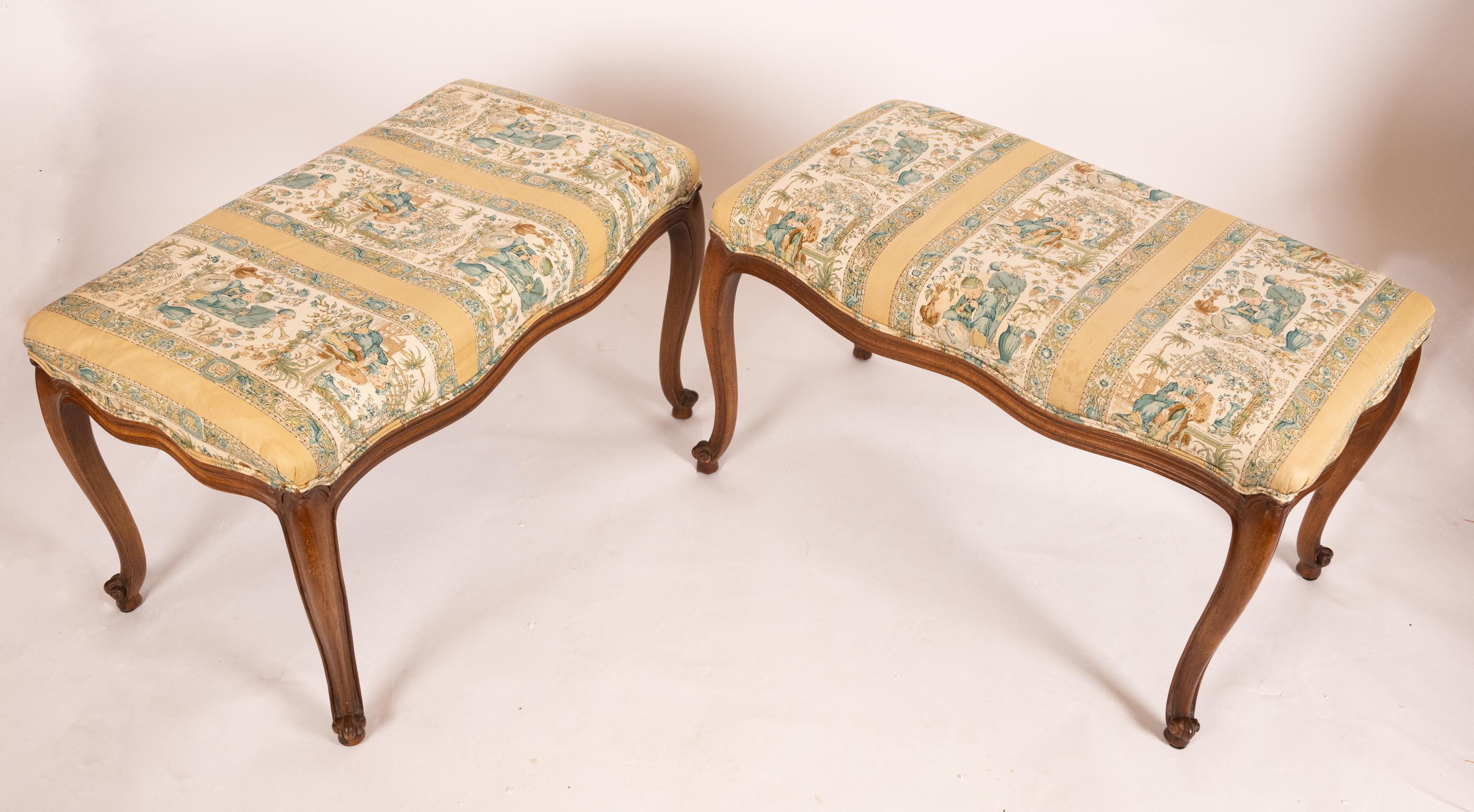 Louis XIV Pair of 19th Century Louis XVth-Style Fruitwood Benches with Upholstered Seats For Sale