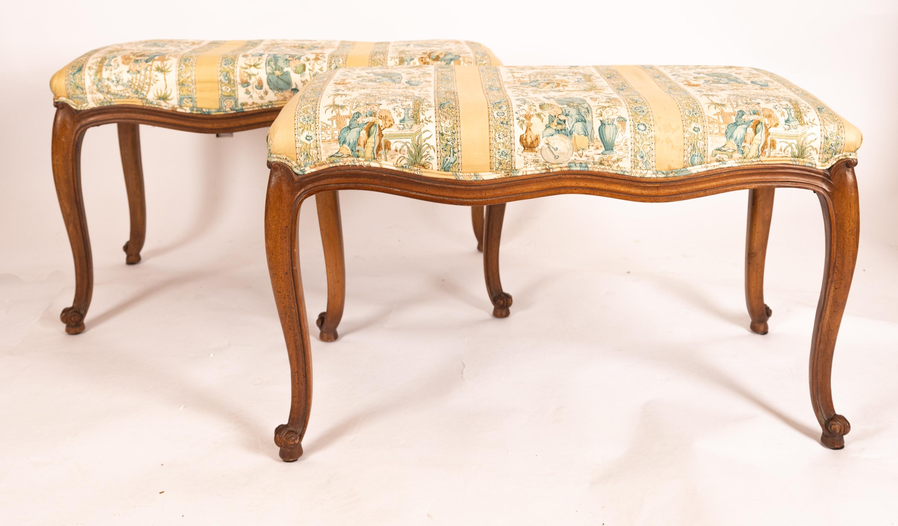 European Pair of 19th Century Louis XVth-Style Fruitwood Benches with Upholstered Seats For Sale