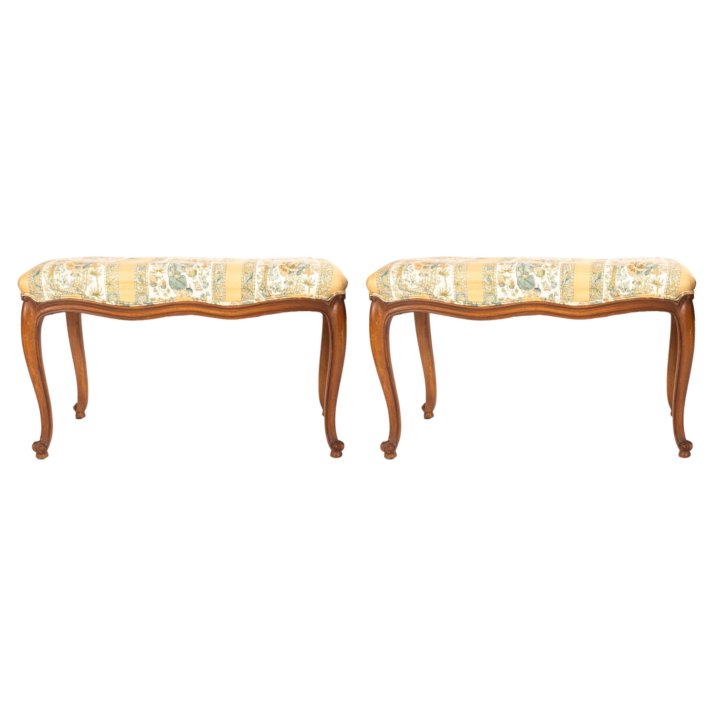 Pair of 19th Century Louis XVth-Style Fruitwood Benches with Upholstered Seats