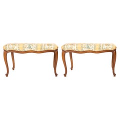 Vintage Pair of 19th Century Louis XVth-Style Fruitwood Benches with Upholstered Seats