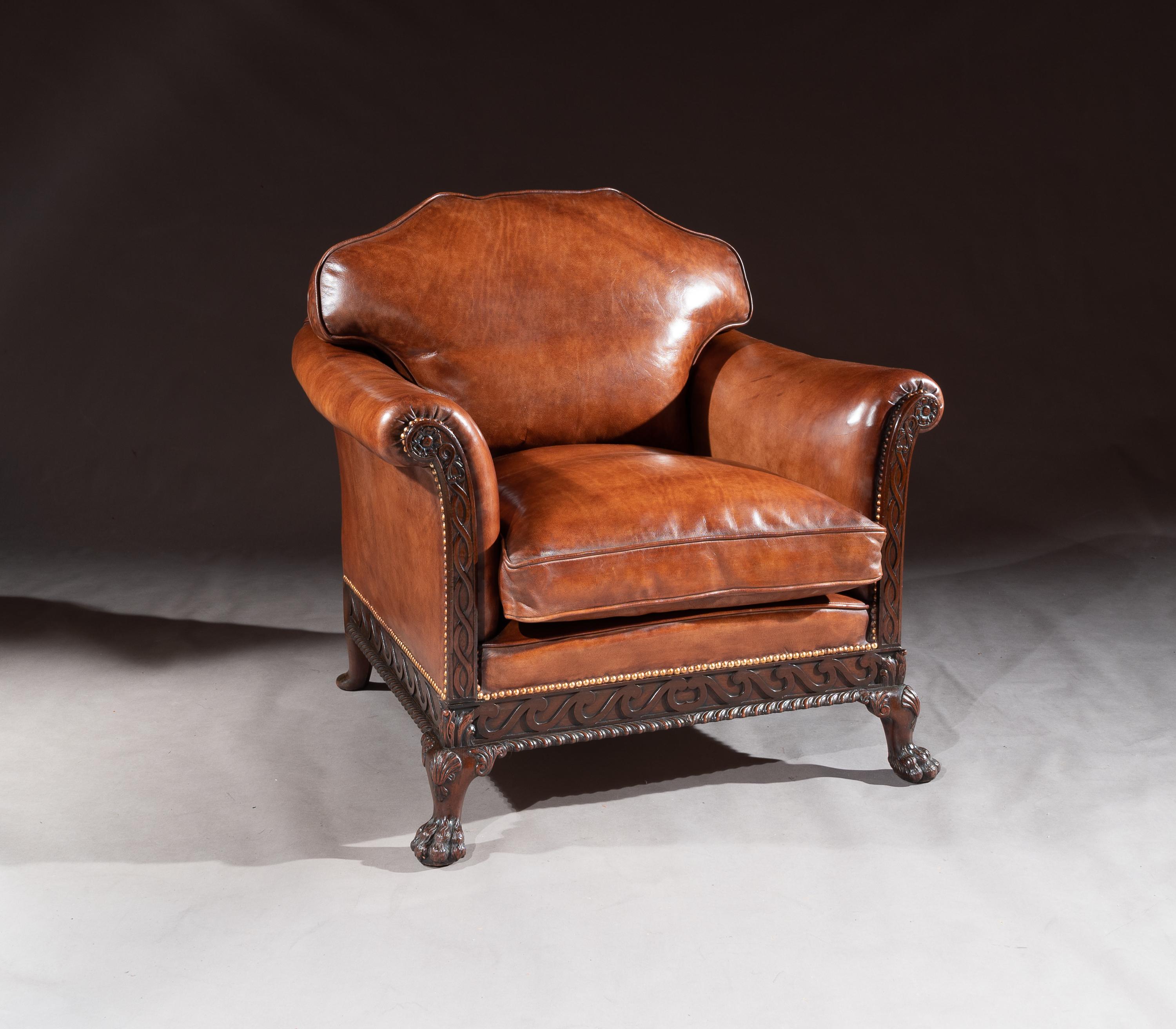 English Pair of 19th Century Mahogany Country House Leather Armchairs