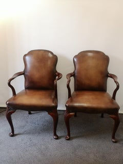 Pair of 19th Century Mahogany Queen Anne Style Leather Armchairs