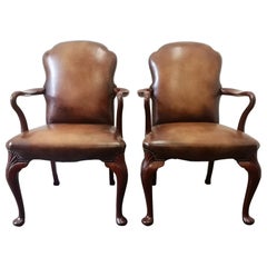 Pair of 19th Century Mahogany Queen Anne Style Leather Armchairs