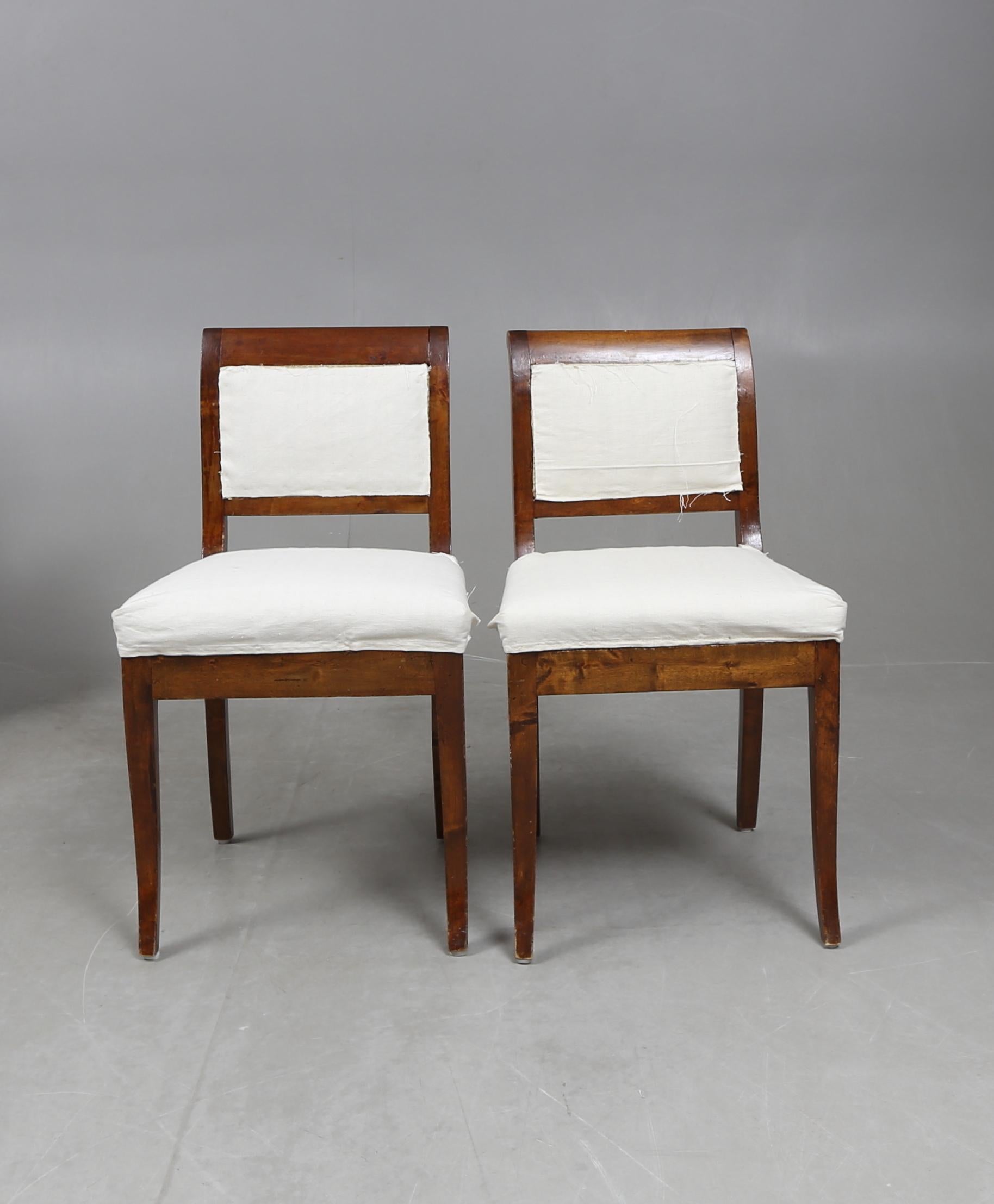 A pair of mahogany chairs, 19th century, possibly Swedish. Wood has a beautiful patina but chairs need to be recovered. Reupholstery services offered upon request. Please indicate if COM (Customer's Own Material) or one of our fabrics (swatches will