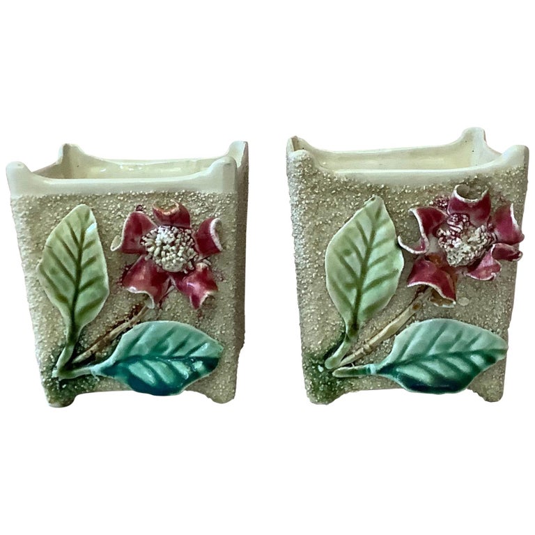 Pair of 19th Century Majolica Floral Jardinières For Sale