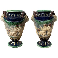 Pair of 19th Century Majolica Pottery Urns with Greek Mythology Scenes