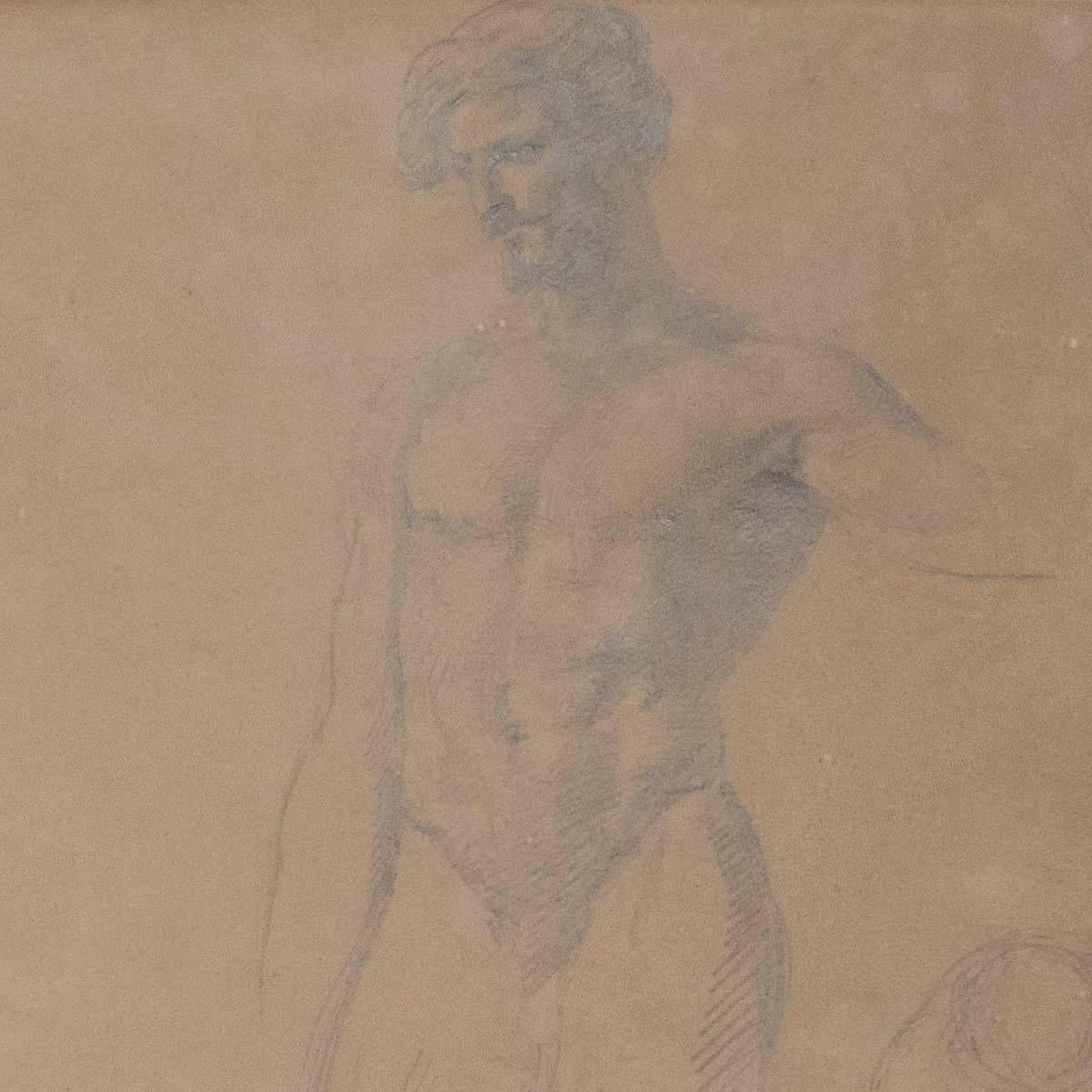 A handsome pair of early to mid-19th century Old Master style academic studies of nude men, pencil on paper, each measuring approximately 10 x 14 in (25 x 35.5 cm)
Unsigned, probably Italy or France.

Currently mounted in modern black-stained wooden