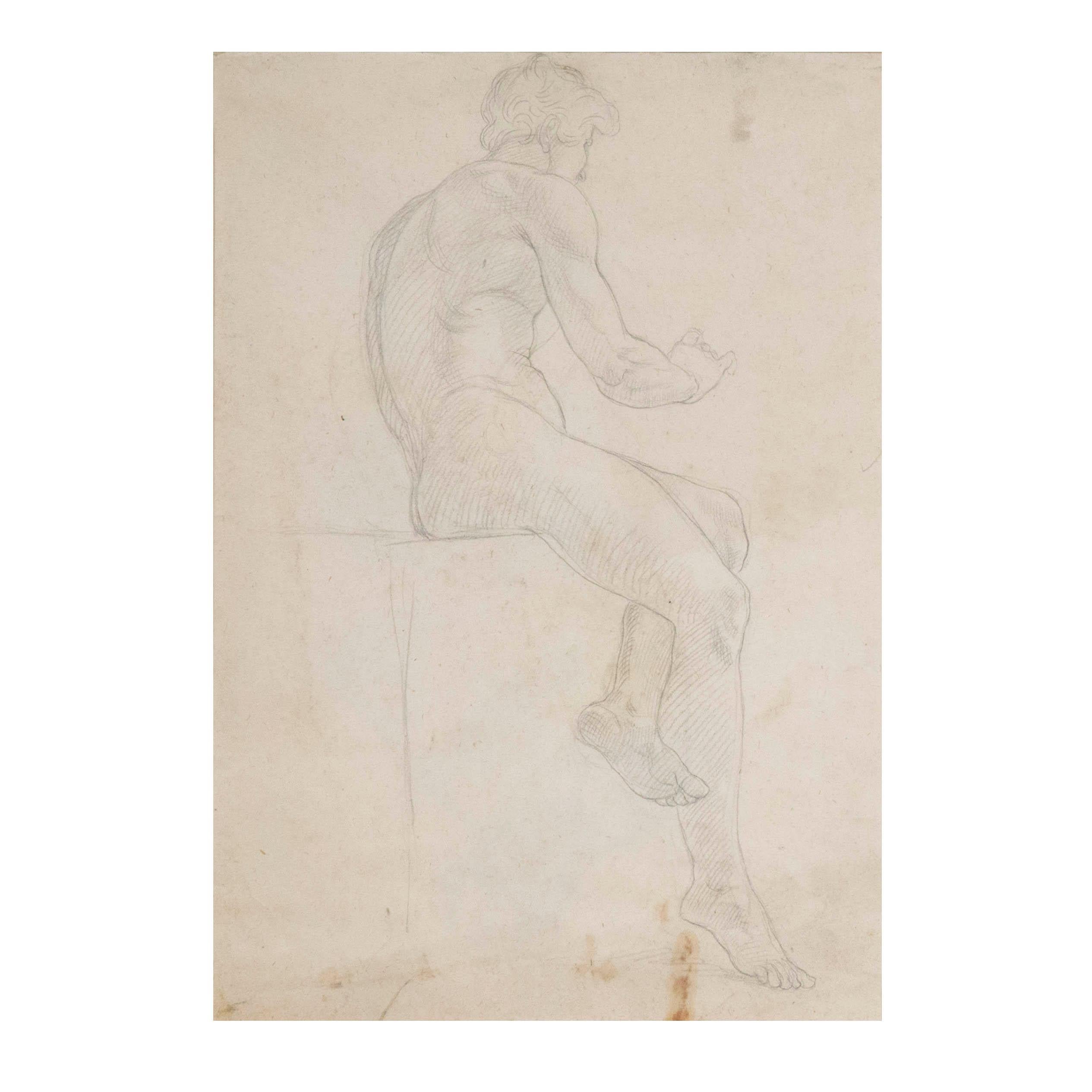 Paire de dessins de maîtres anciens ou d'études académiques d'hommes nus du 19ème siècle État moyen - En vente à Richmond, London