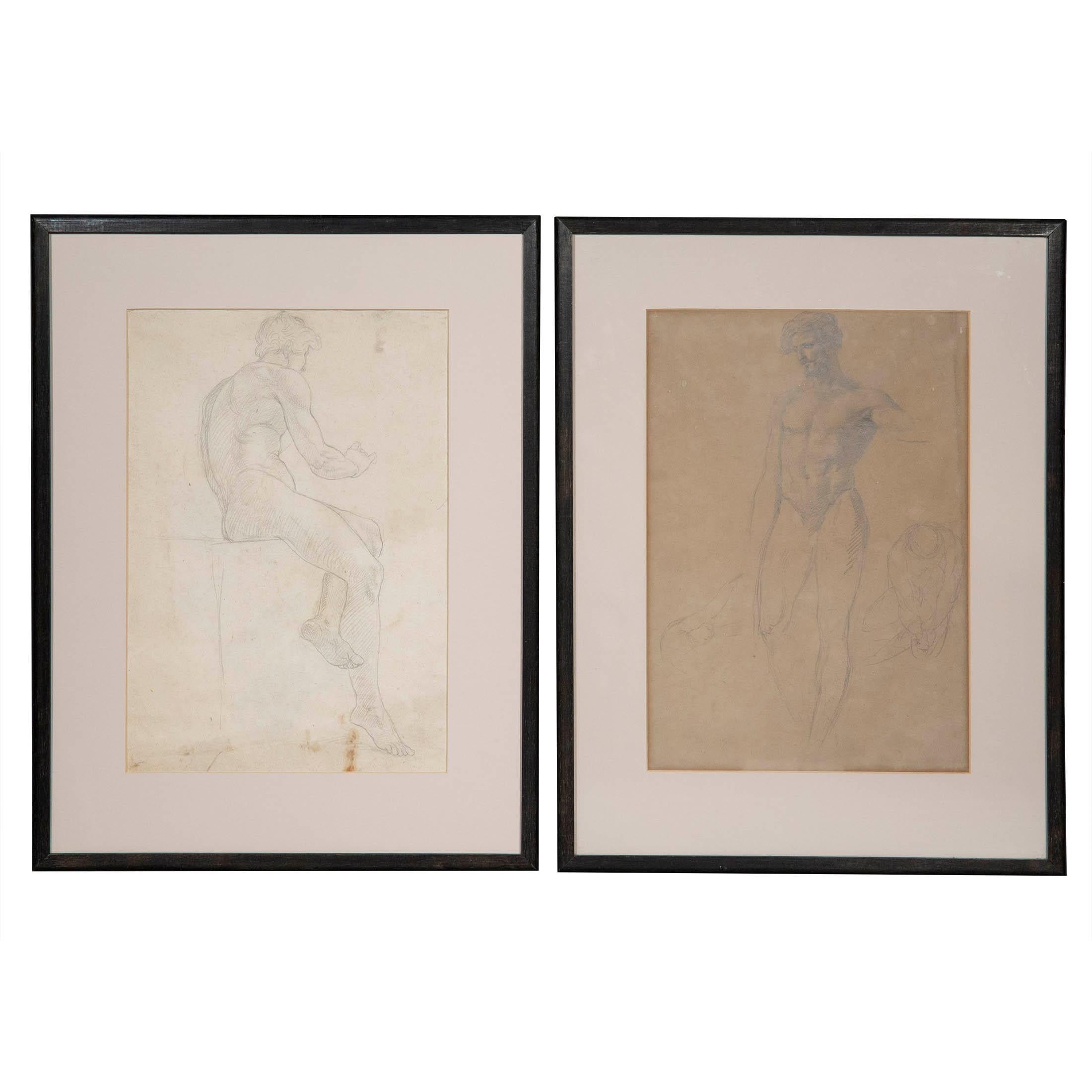 Italian Pair of 19th Century Male Nude Old Master Drawings or Academic Studies For Sale