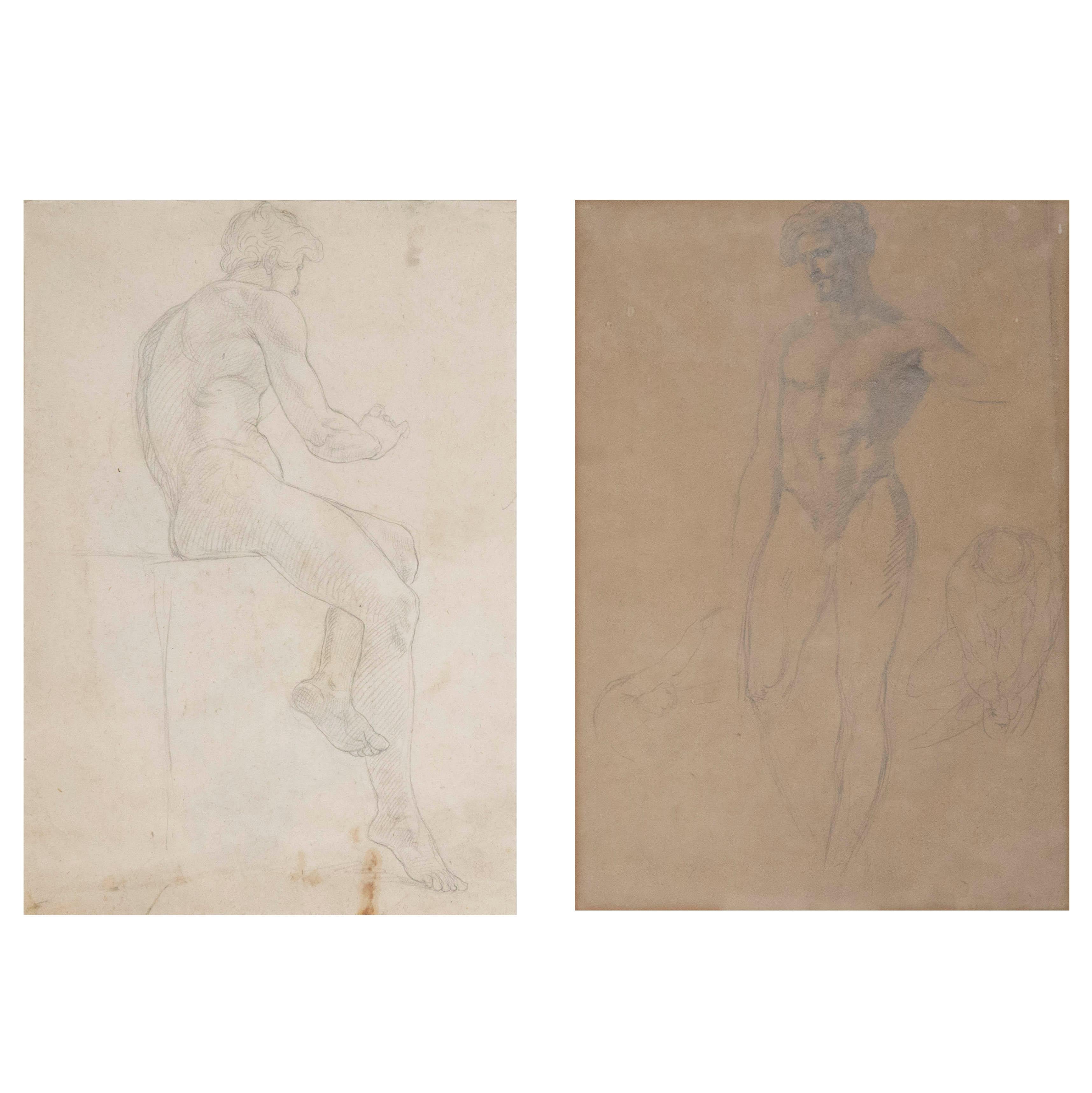 Pair of 19th Century Male Nude Old Master Drawings or Academic Studies For Sale 1