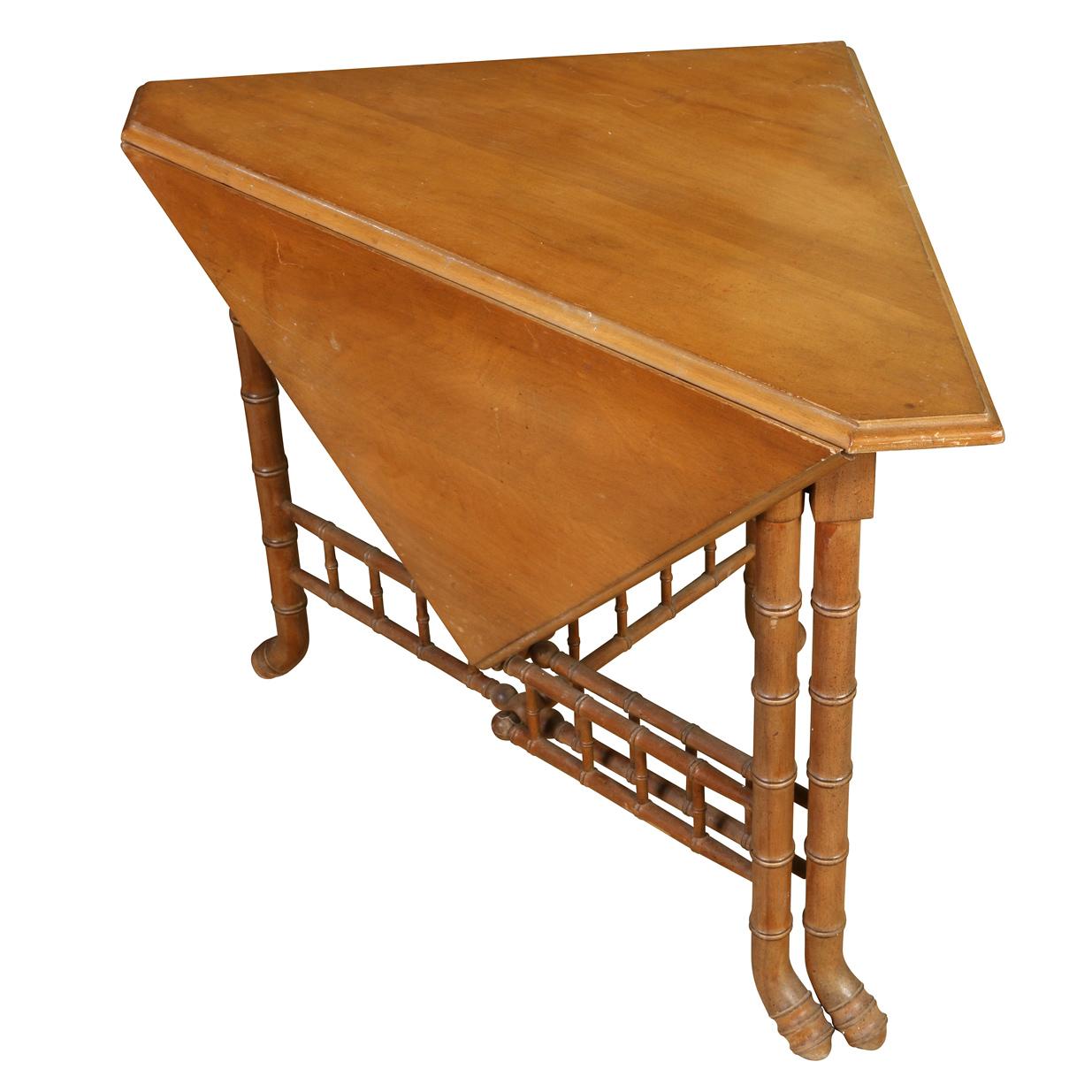 A pair of 19th Century maple drop leaf side tables with faux bamboo legs. The tables can take two shapes, either as square side tables or with a hankerchief shape when one side drops down.  The legs and stretchers are faux bamboo form.  These are a